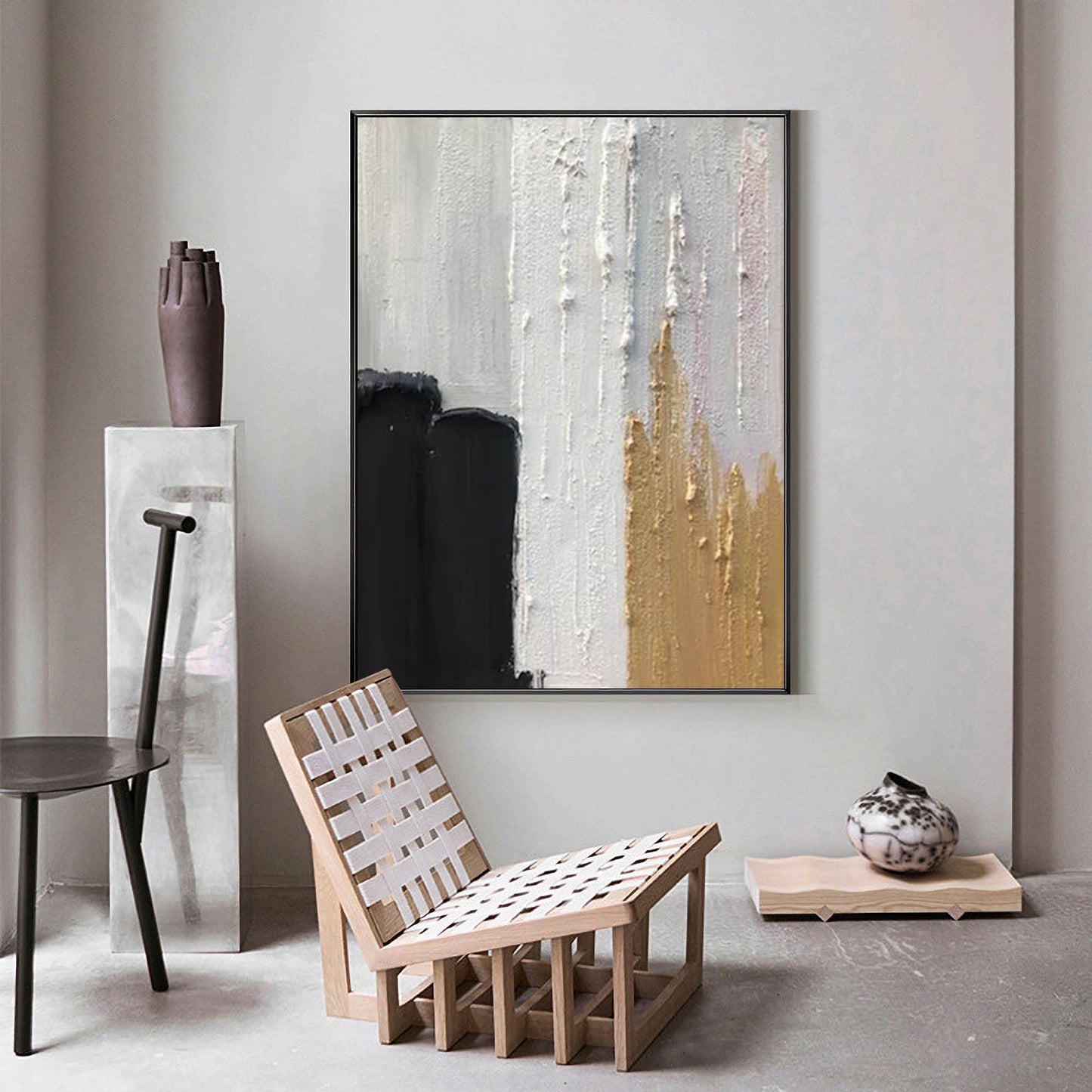 Chic Modern Abstract Oil Painting with Elegant Textures and Bold Color Contrast