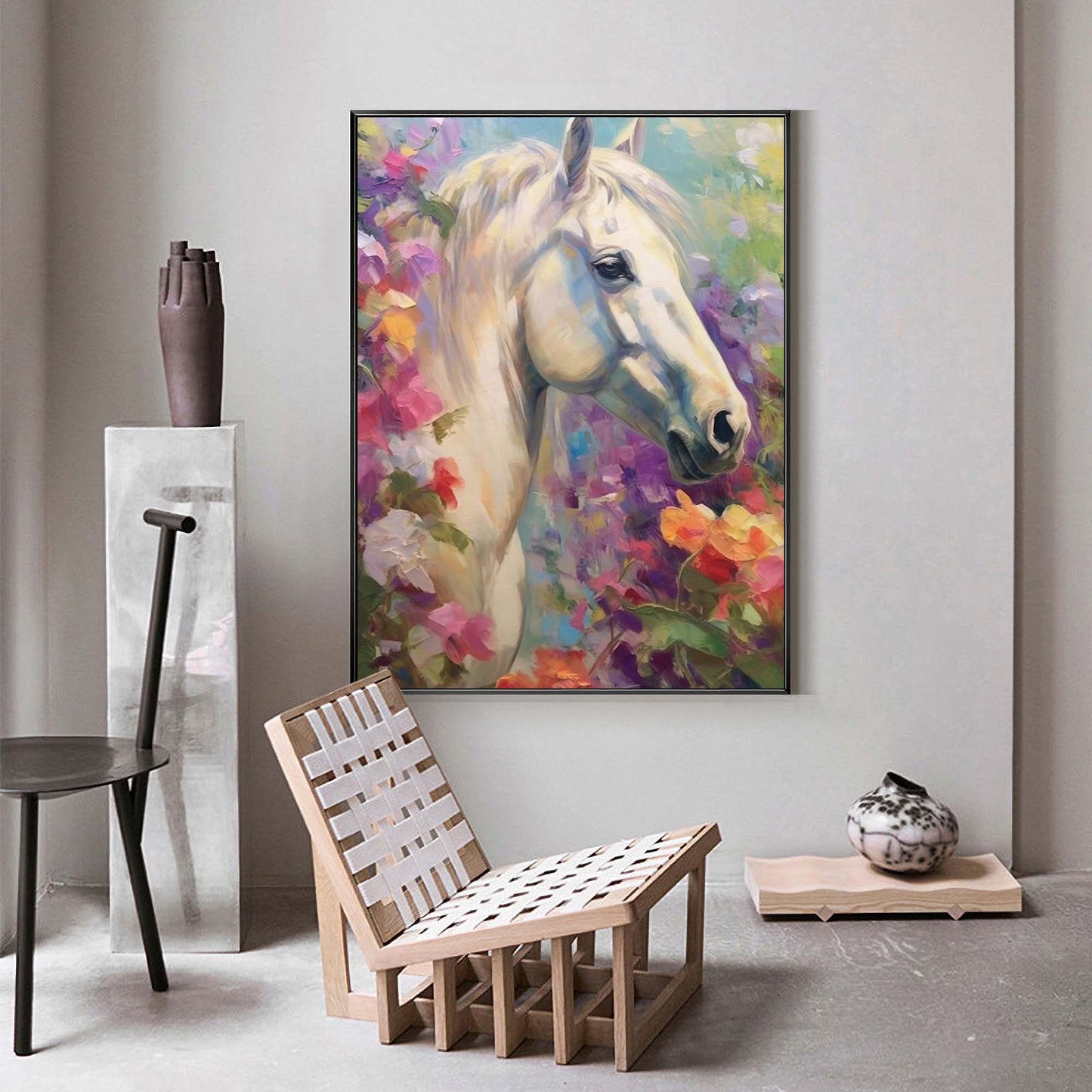 Majestic White Horse Oil Painting Surrounded by Vibrant Floral Beauty