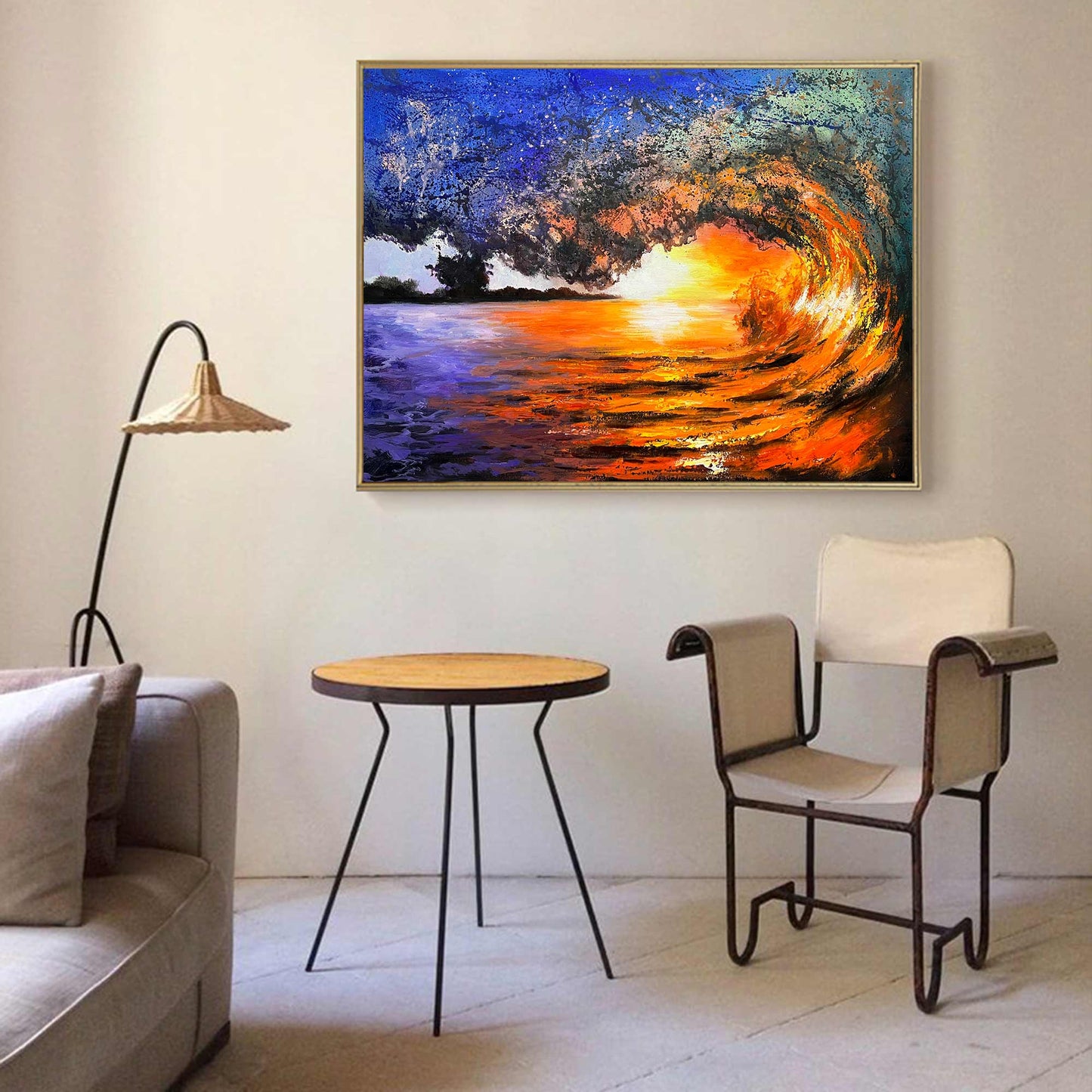 Vibrant Sunset Wave Landscape Oil Painting for Home Decor and Beach Lovers
