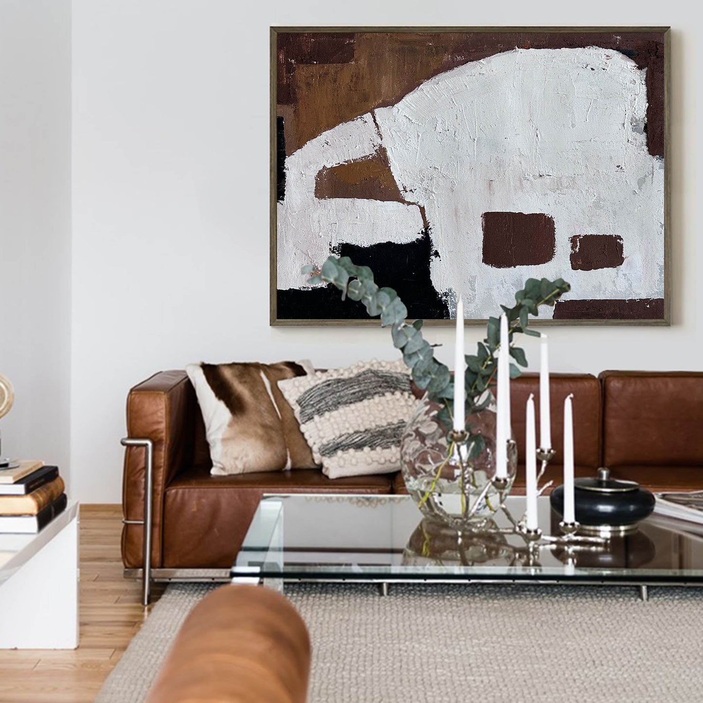 Contemporary Abstract Oil Painting with Bold Geometric Shapes and Earthy Tones