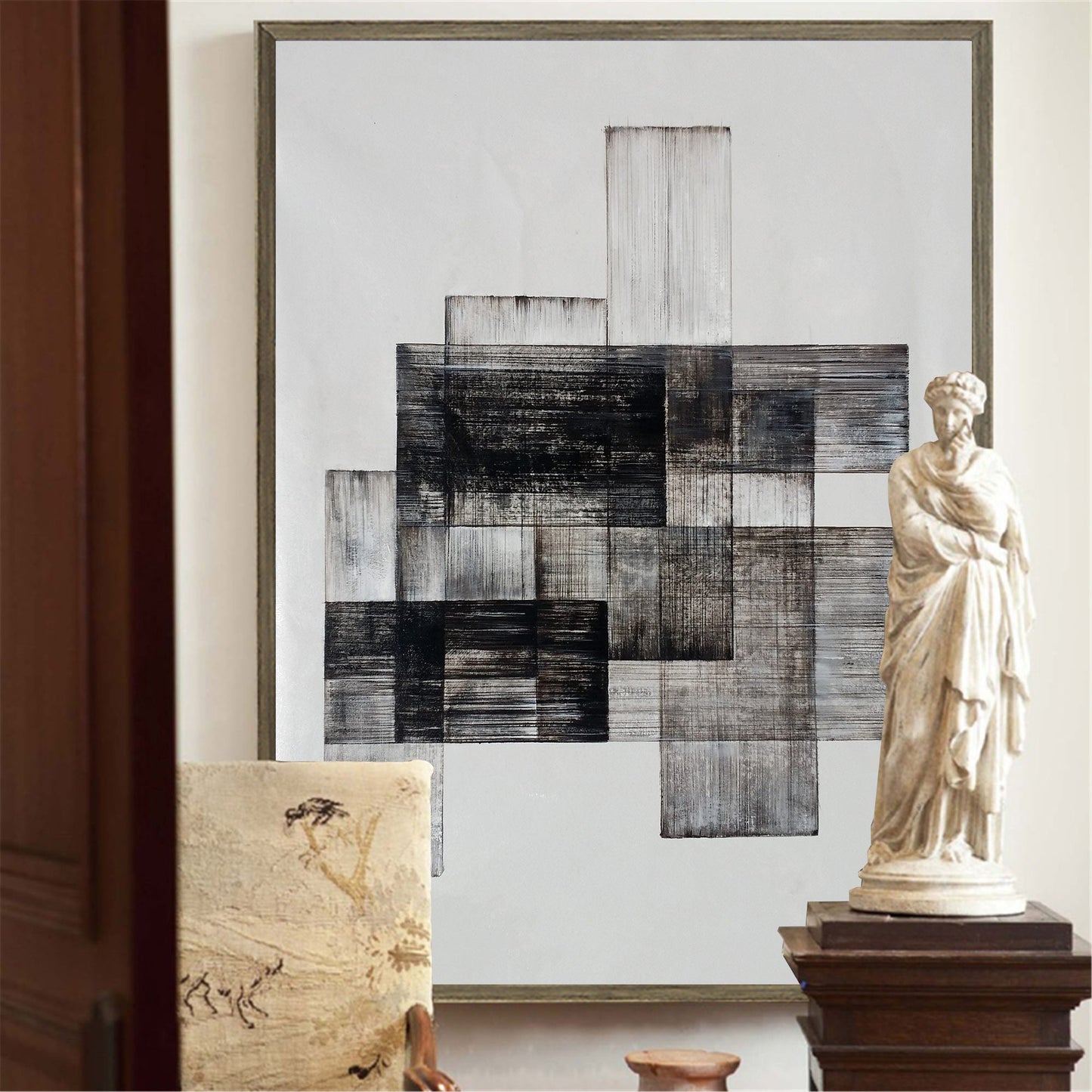 Contemporary Black and White Abstract Oil Painting for Modern Home Decor