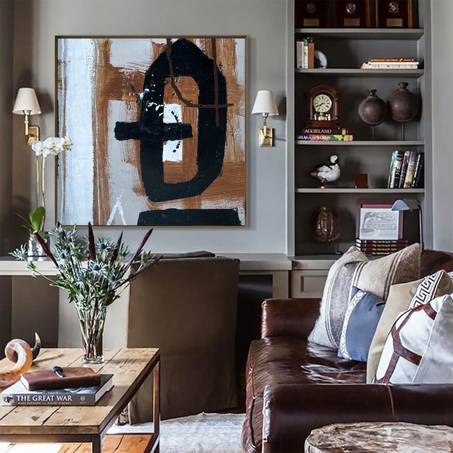 Contemporary Black Brown Abstract Oil Painting for Modern Home Decor