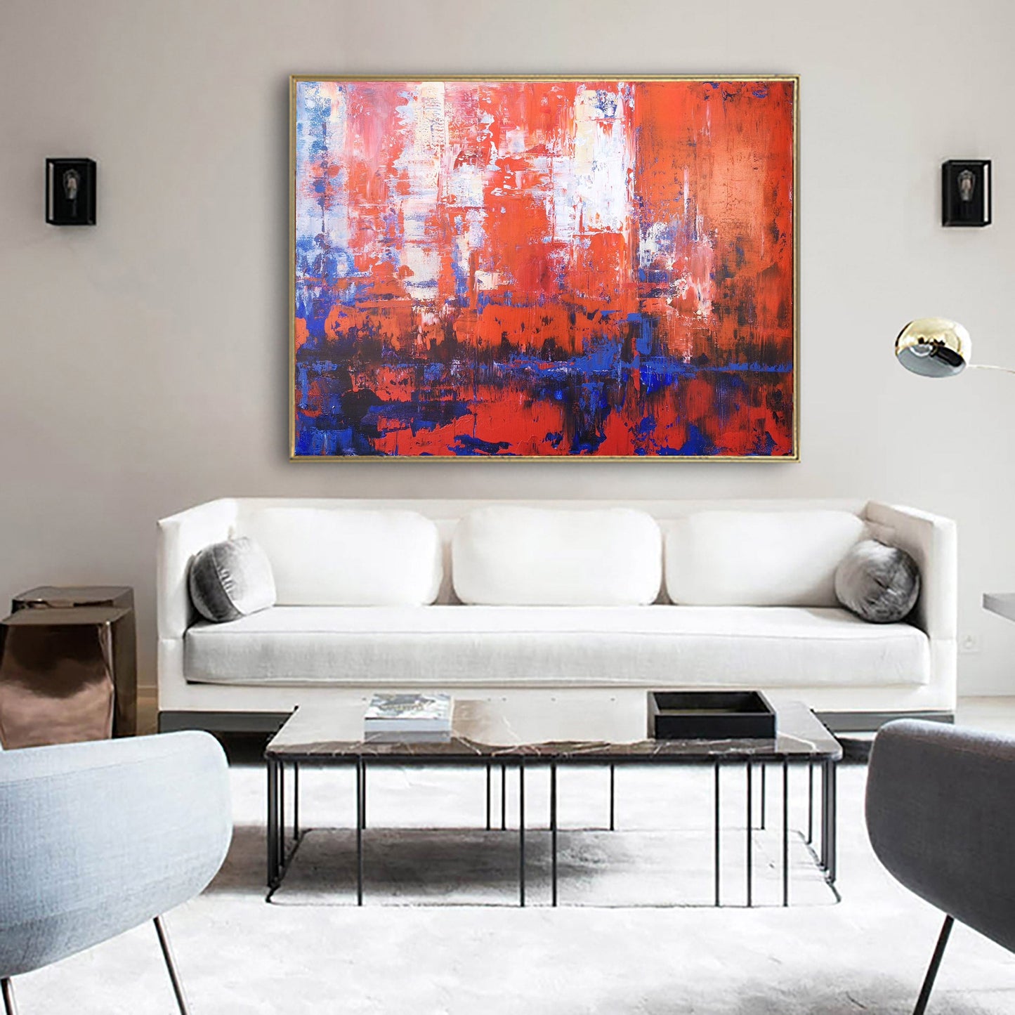 Vibrant Red and Blue Abstract Oil Painting for Modern Home Décor