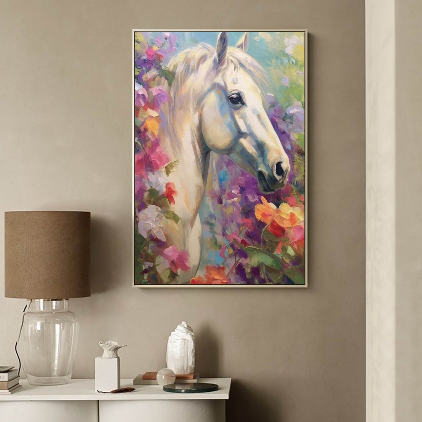 Majestic White Horse Oil Painting Surrounded by Vibrant Floral Beauty