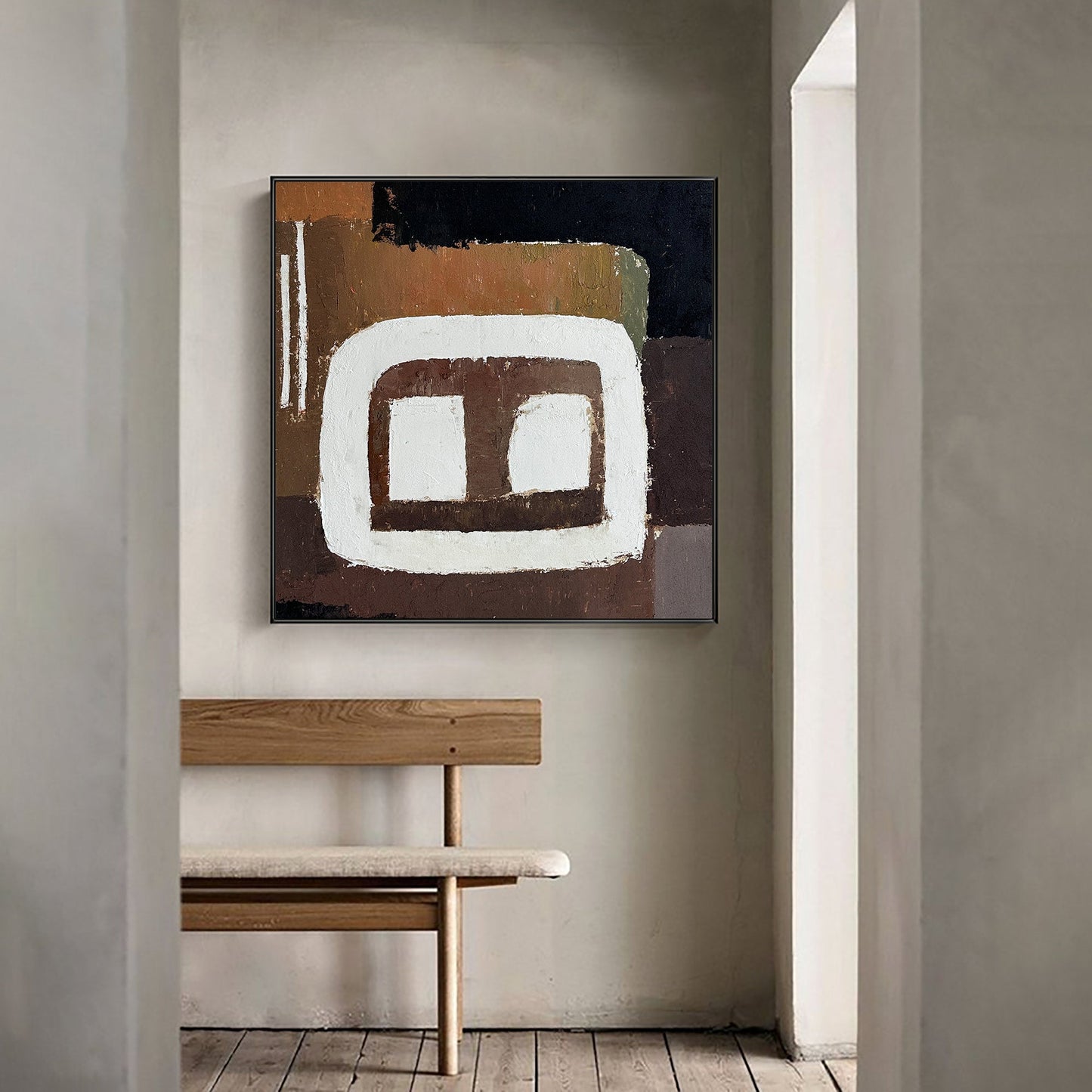 Contemporary Abstract Oil Painting with Earthy Tones and Bold Geometric Shapes