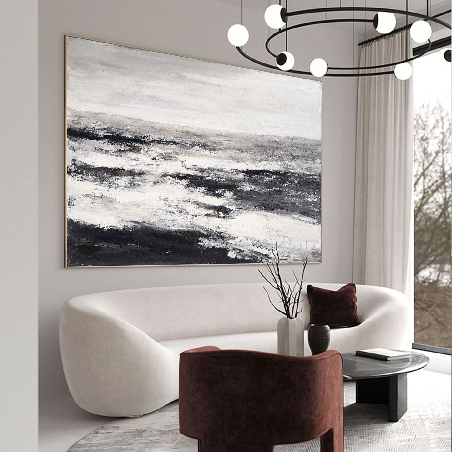 Monochrome Coastal Serenity: Abstract Black and White Beach Oil Painting
