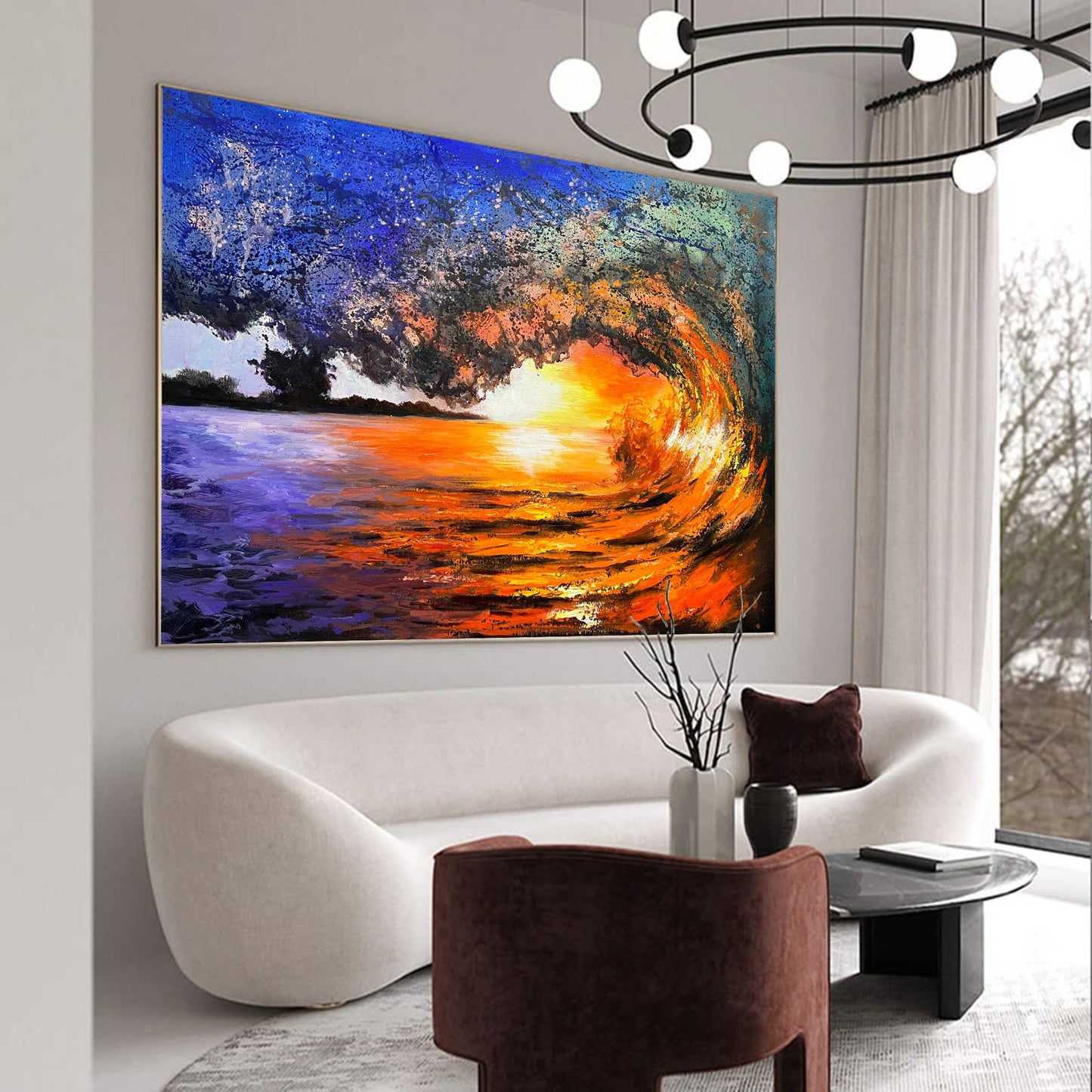 Vibrant Sunset Wave Landscape Oil Painting for Home Decor and Beach Lovers