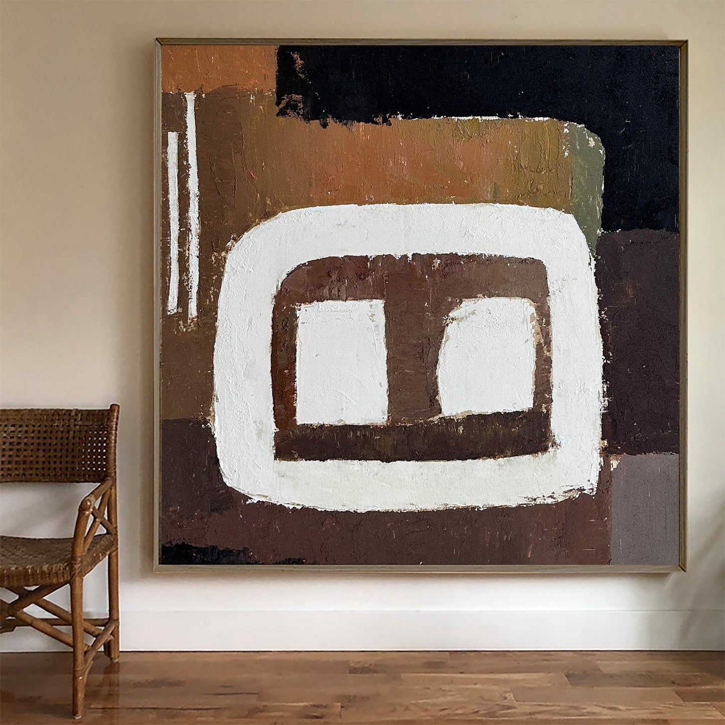 Contemporary Abstract Oil Painting with Earthy Tones and Bold Geometric Shapes