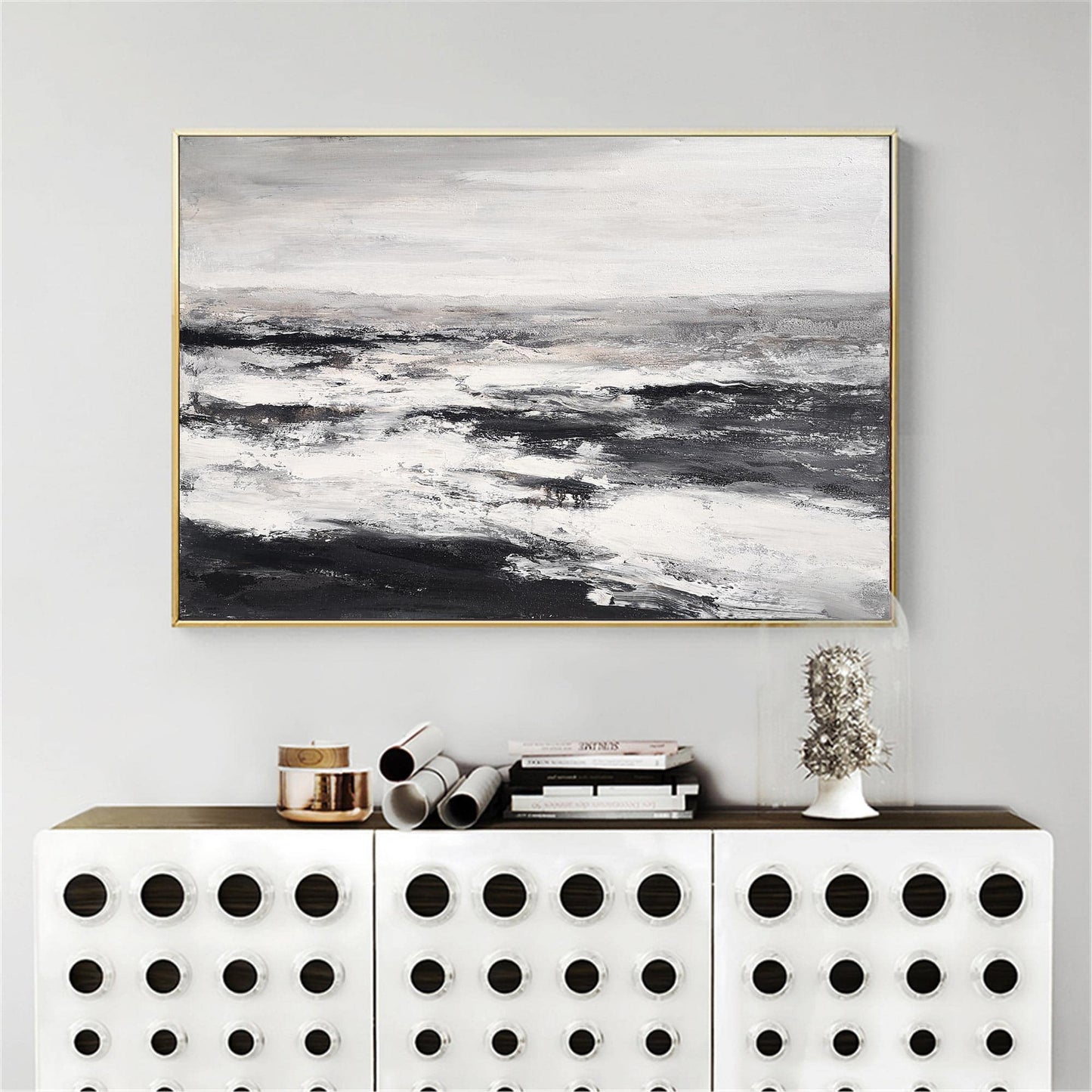 Monochrome Coastal Serenity: Abstract Black and White Beach Oil Painting