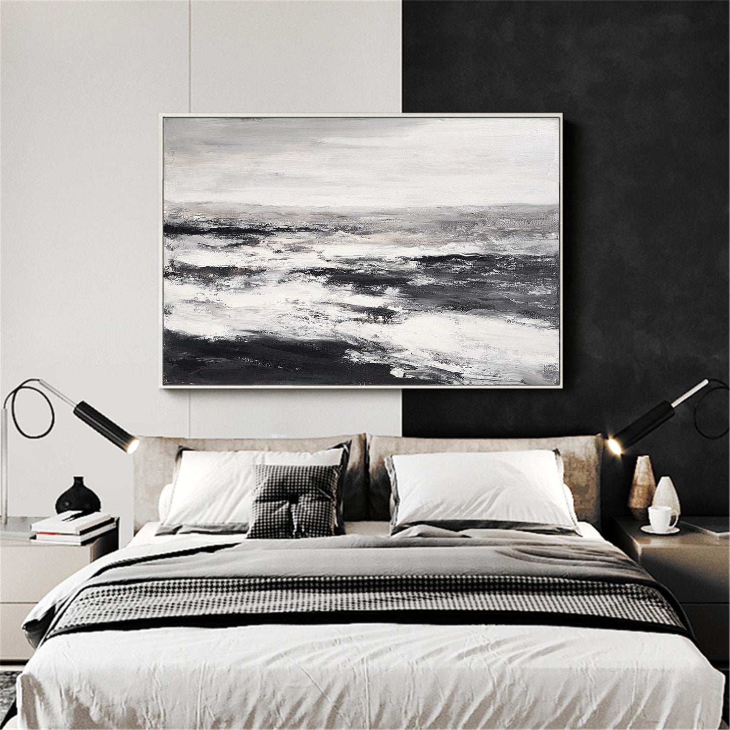 Monochrome Coastal Serenity: Abstract Black and White Beach Oil Painting