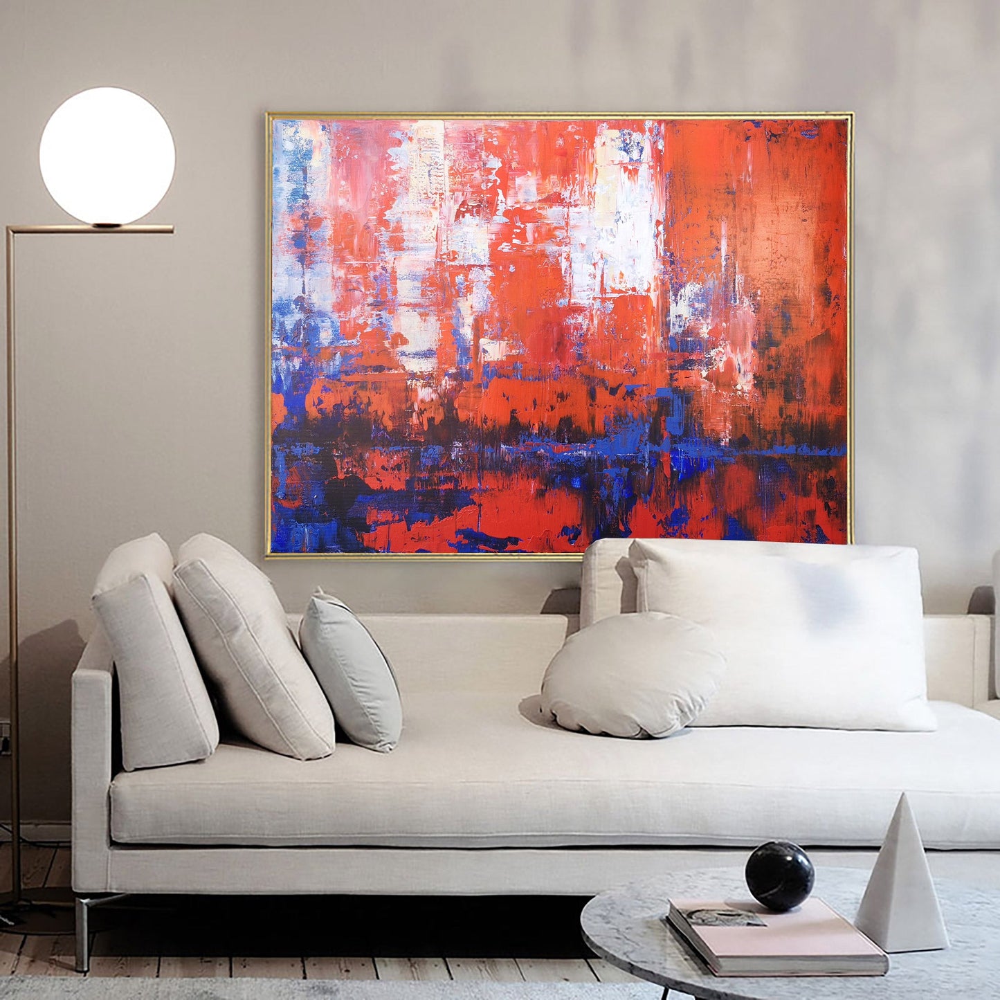 Vibrant Red and Blue Abstract Oil Painting for Modern Home Décor