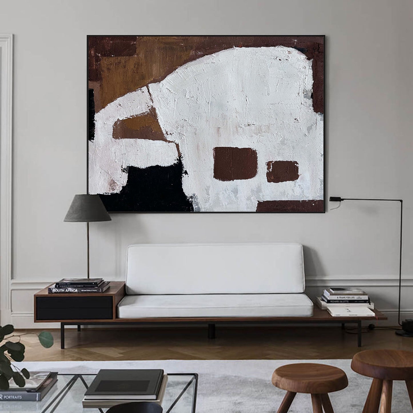 Contemporary Abstract Oil Painting with Bold Geometric Shapes and Earthy Tones