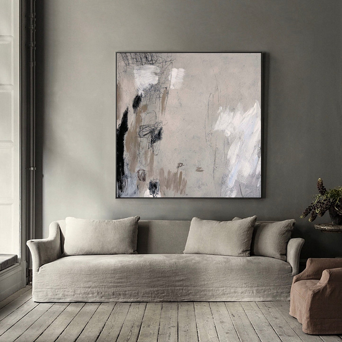 Contemporary Gray and White Abstract Oil Painting for Modern Home Decor