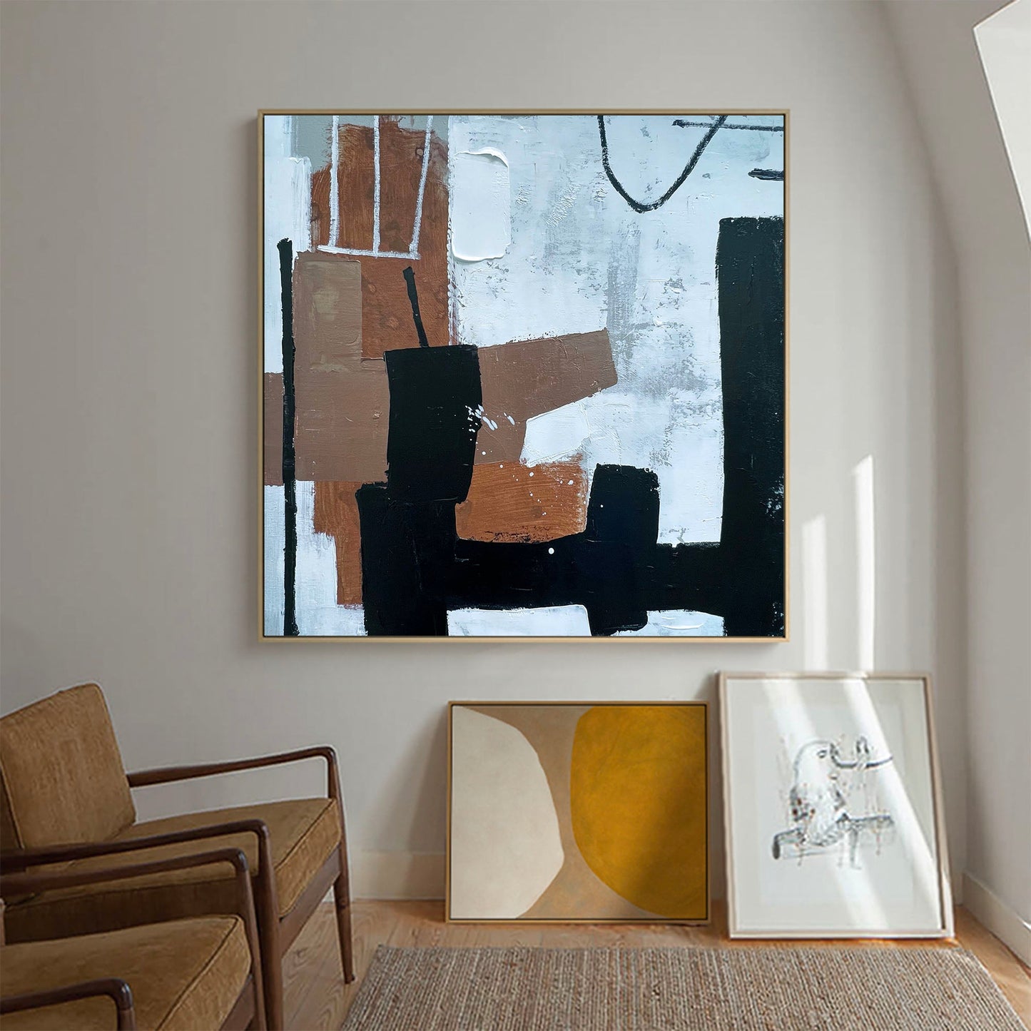 Contemporary Black and Brown Abstract Oil Painting for Elegant Home Decor