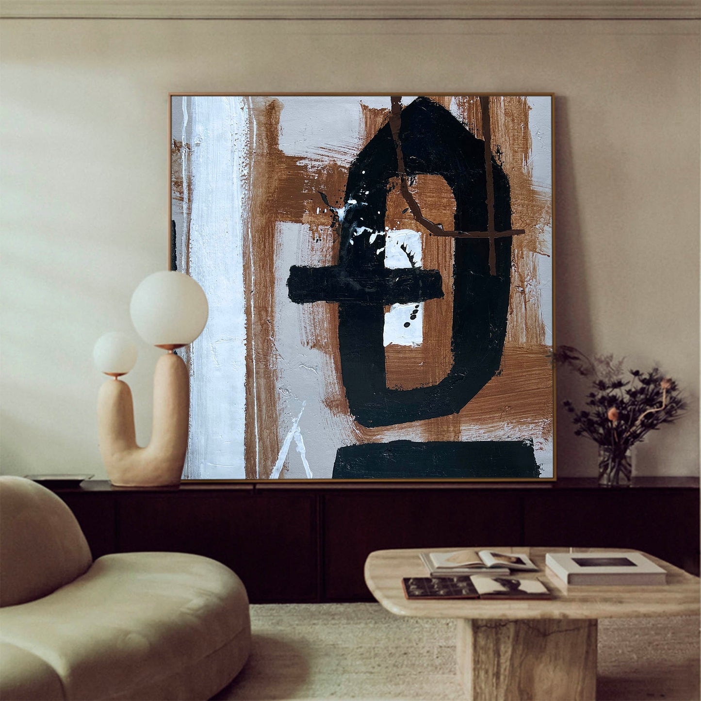 Contemporary Black Brown Abstract Oil Painting for Modern Home Decor