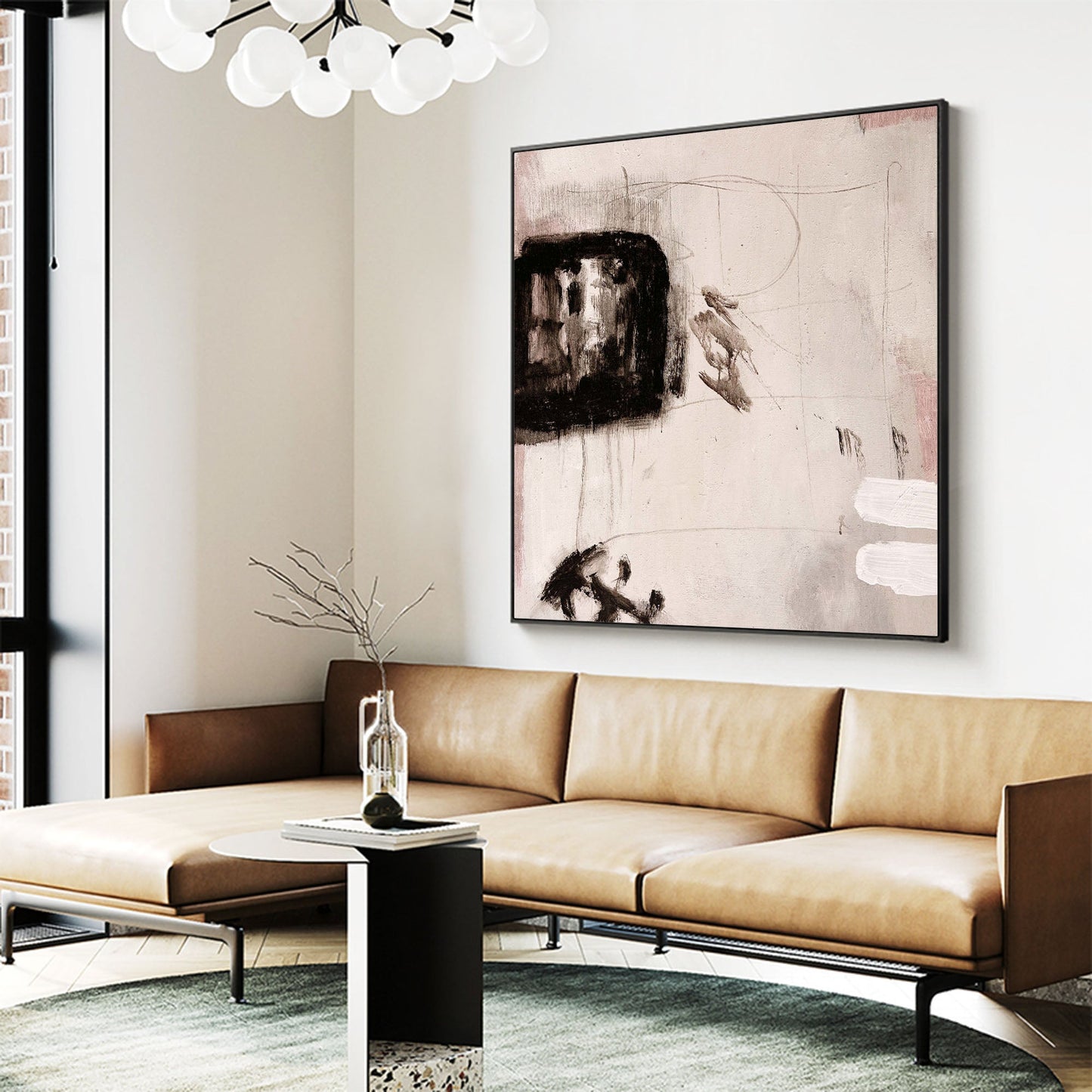 Contemporary Abstract Oil Painting with Bold Black and Soft Pink Accents