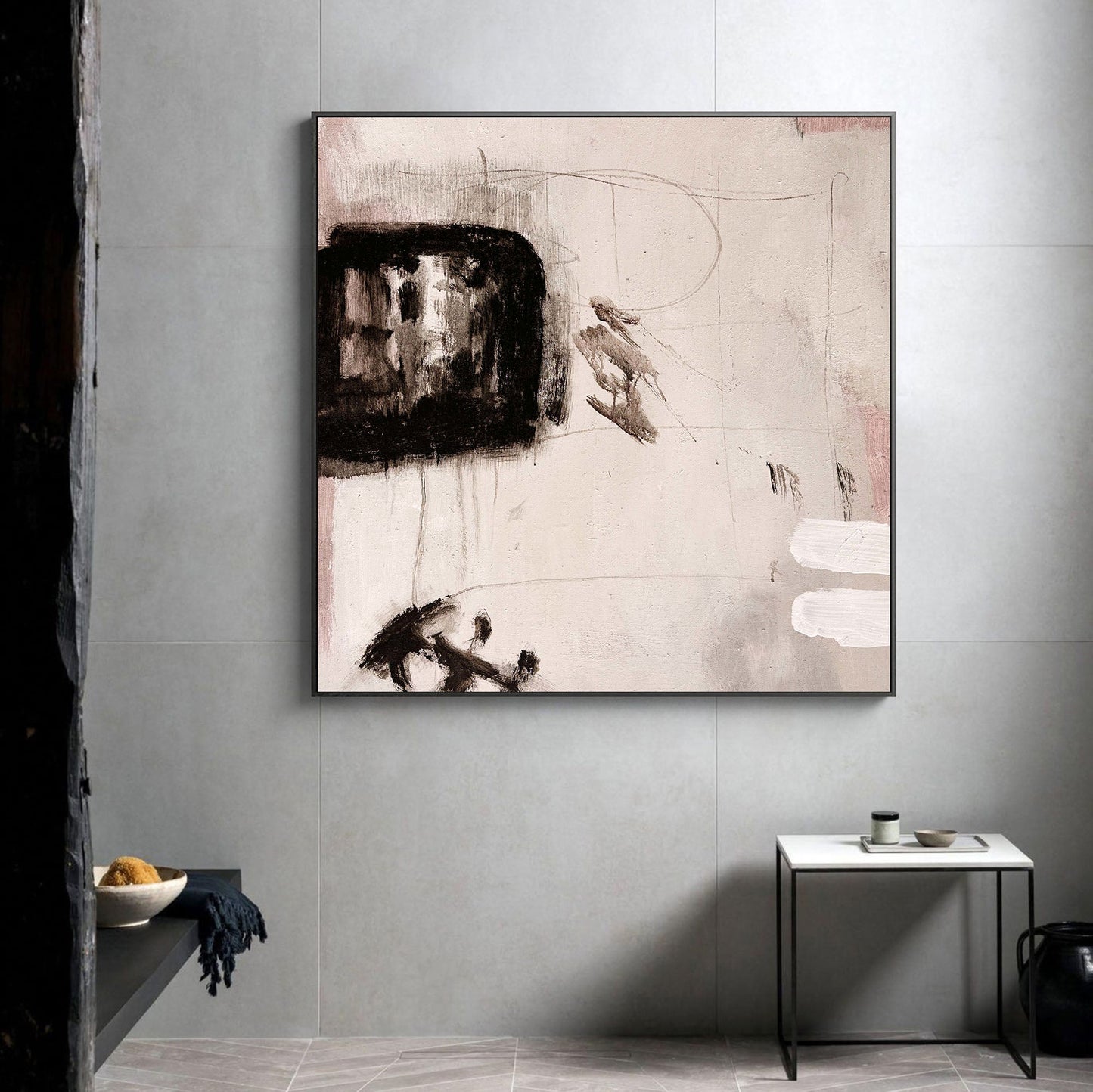 Contemporary Abstract Oil Painting with Bold Black and Soft Pink Accents