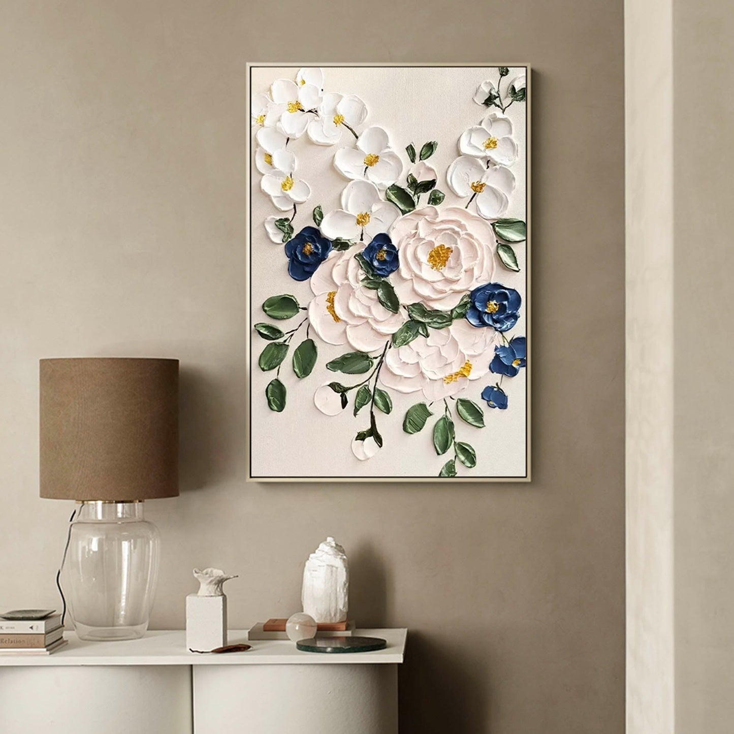 Elegant Floral Oil Painting with Vibrant Colors and Textured Blossom Design
