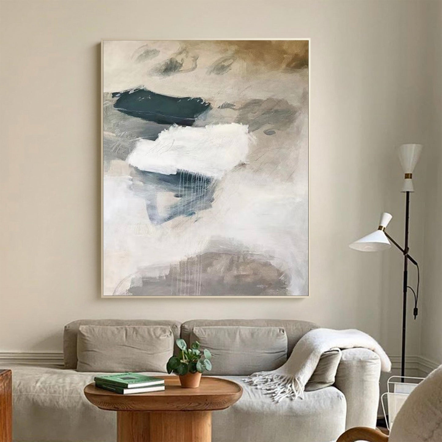 Contemporary Minimalist Oil Painting with Neutral Tones and Abstract Forms