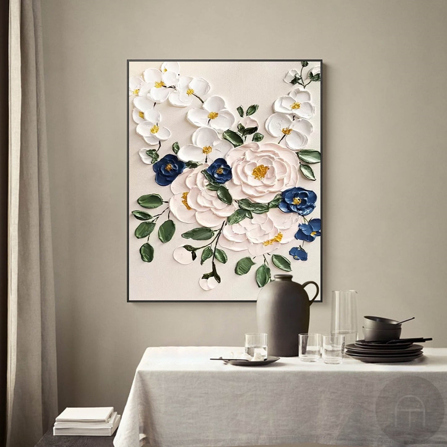 Elegant Floral Oil Painting with Vibrant Colors and Textured Blossom Design
