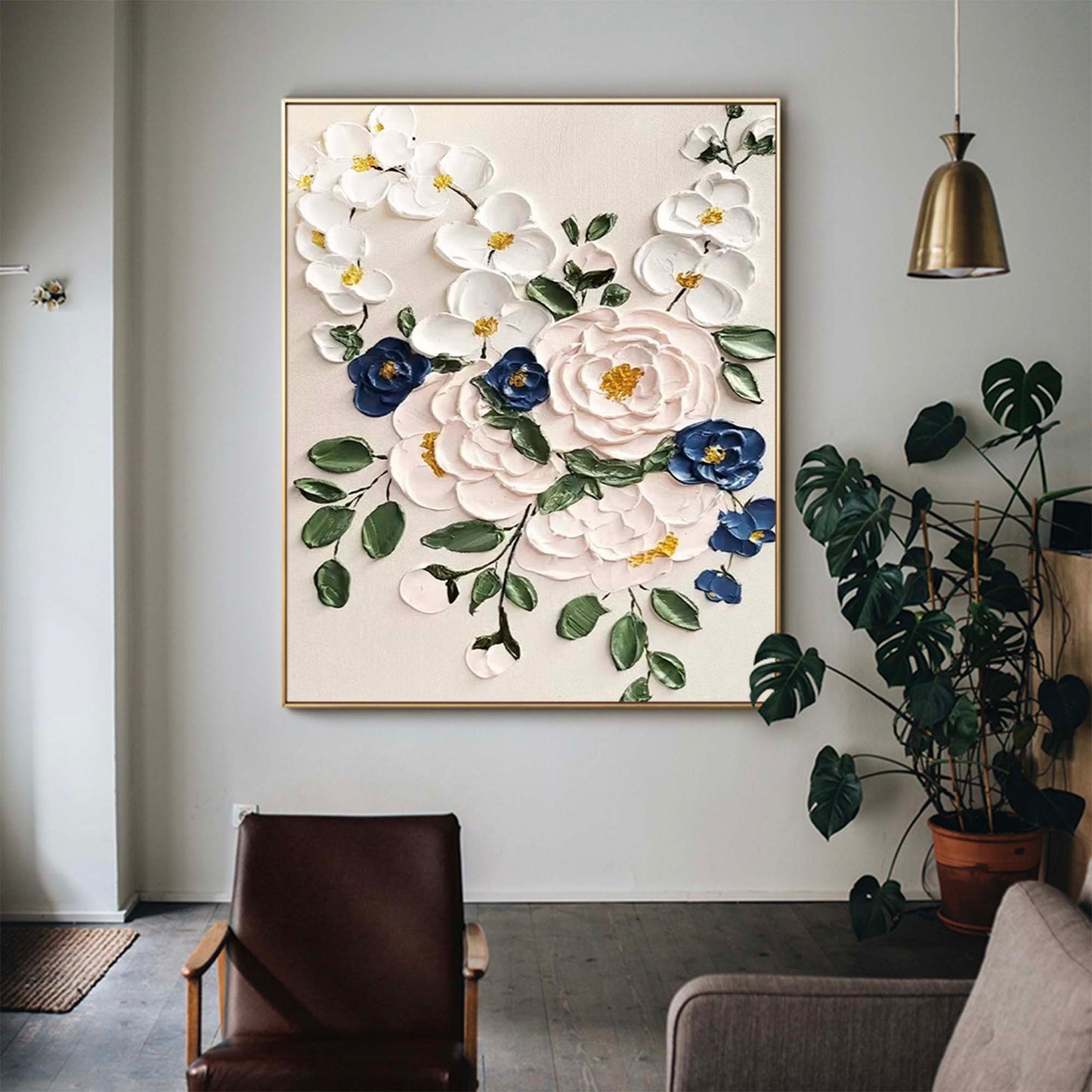 Elegant Floral Oil Painting with Vibrant Colors and Textured Blossom Design