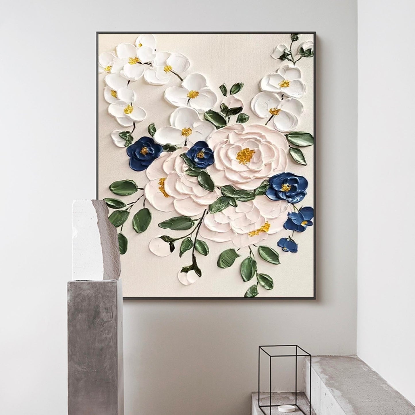 Elegant Floral Oil Painting with Vibrant Colors and Textured Blossom Design