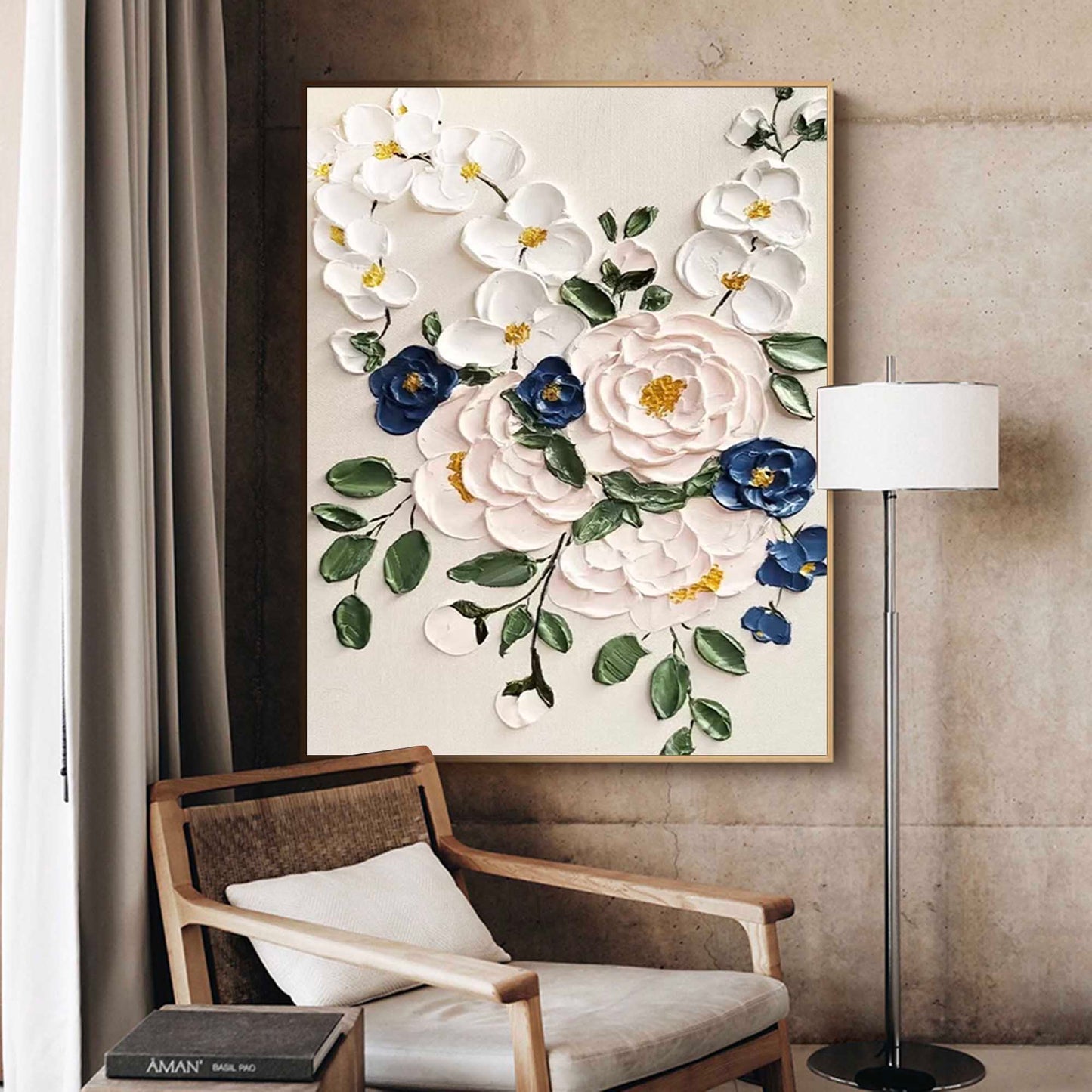 Elegant Floral Oil Painting with Vibrant Colors and Textured Blossom Design