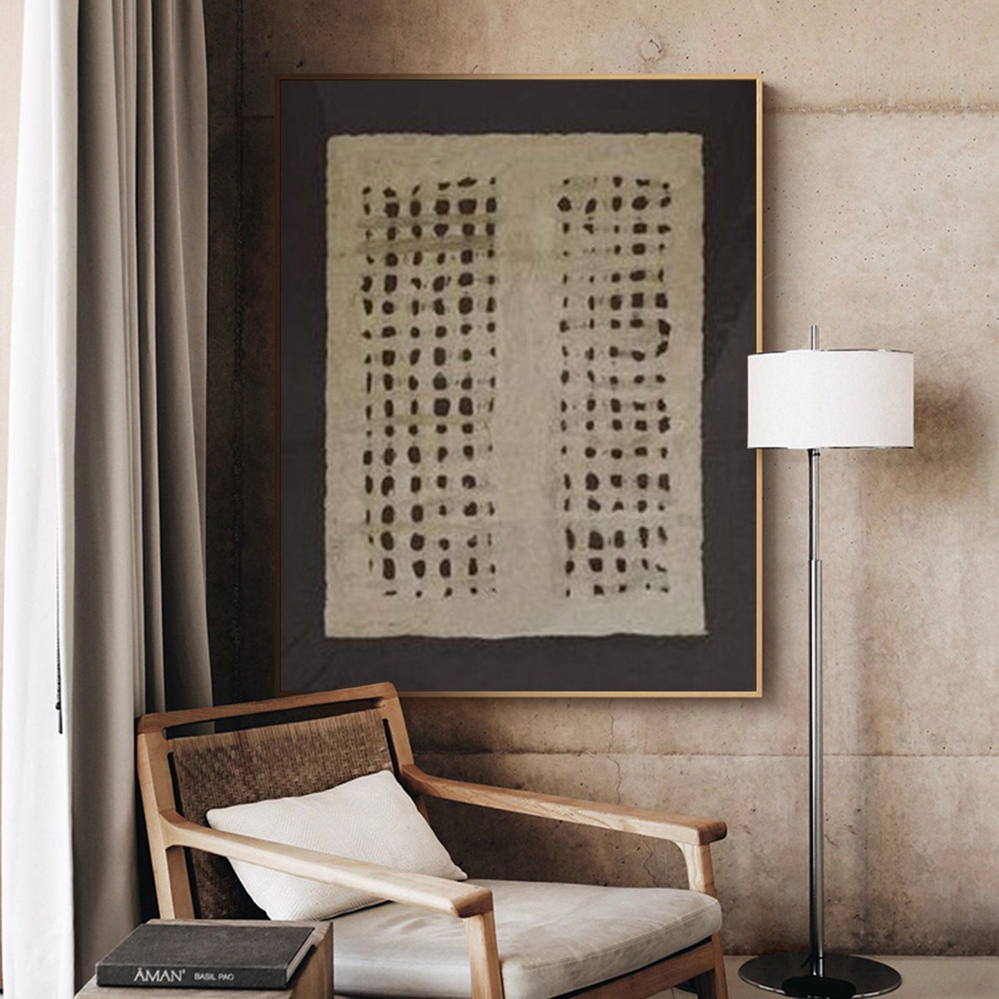 Contemporary Black Grid Abstract Oil Painting for Modern Home Decor