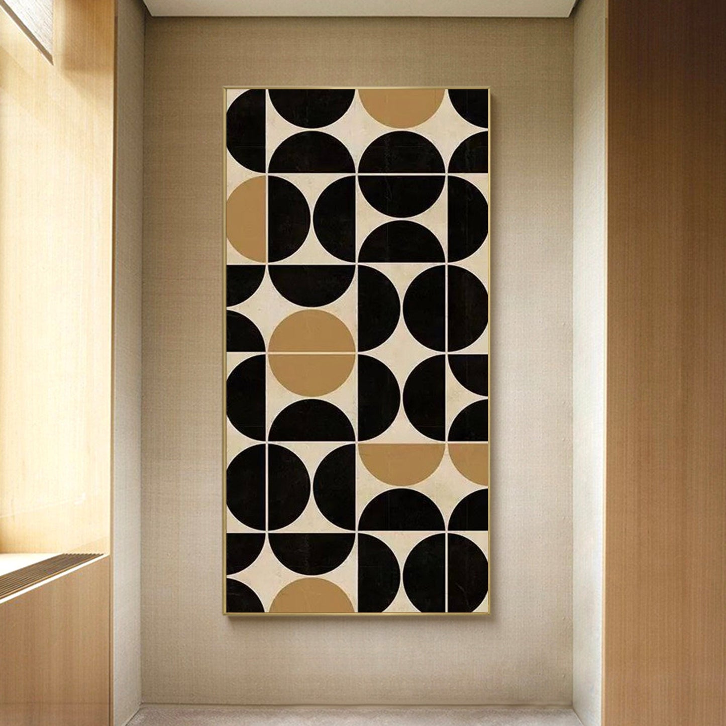 Abstract Geometric Oil Painting in Black, Gold, and Cream for Modern Decor