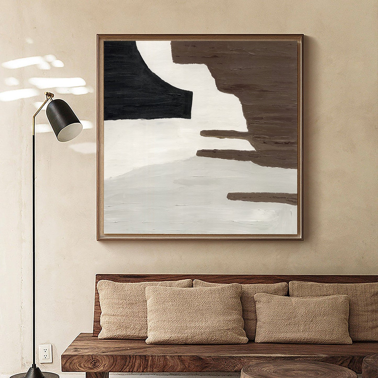 Contemporary Brown and White Geometric Abstract Oil Painting for Modern Decor
