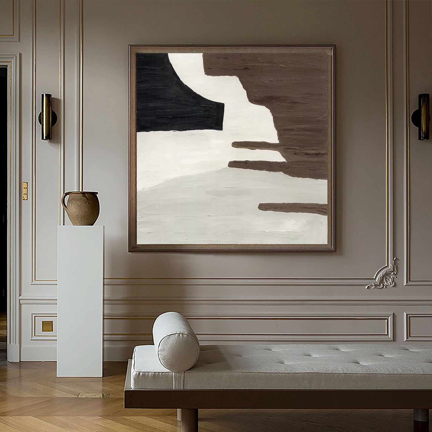 Contemporary Brown and White Geometric Abstract Oil Painting for Modern Decor