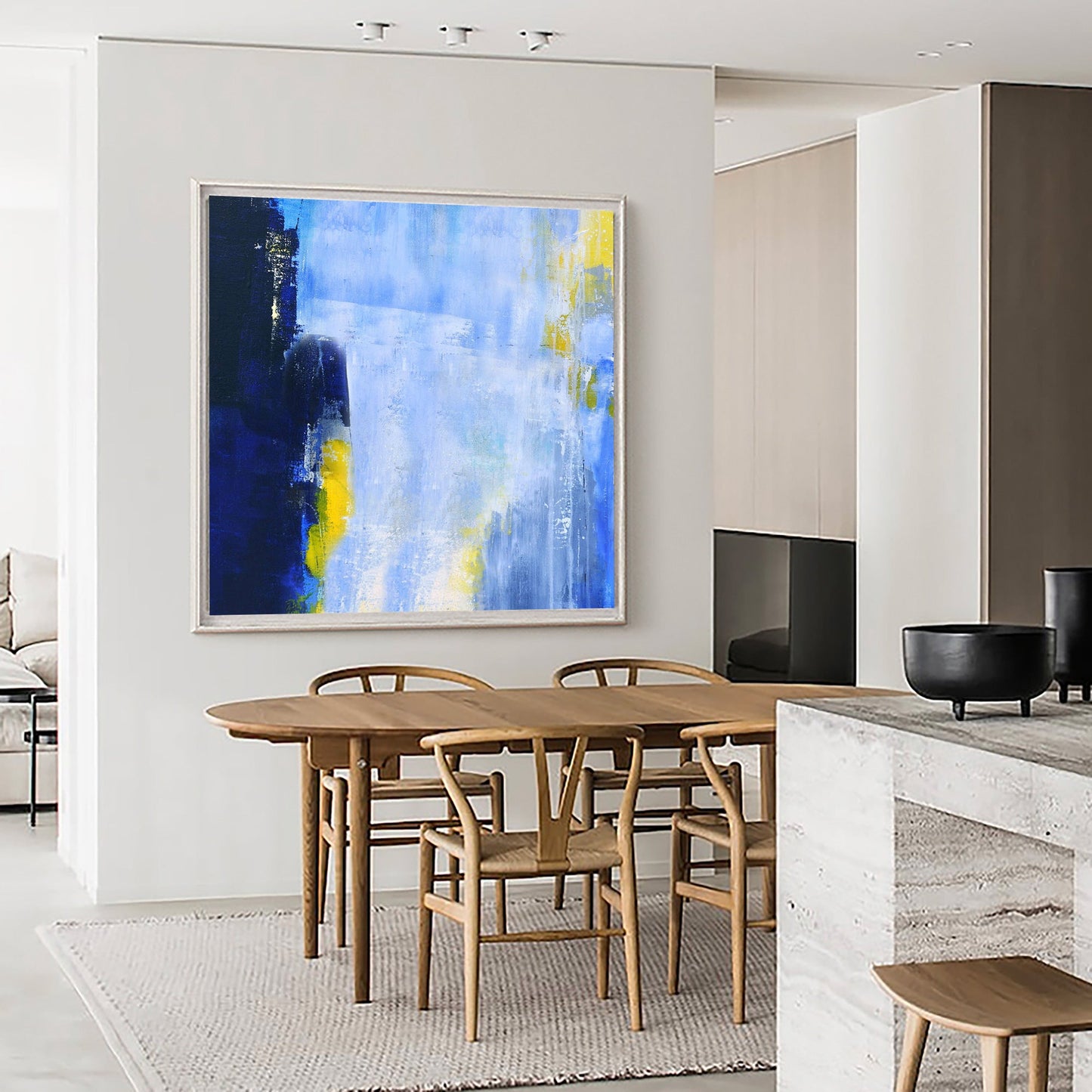 Captivating Blue and Yellow Abstract Oil Painting for Modern Home Decor