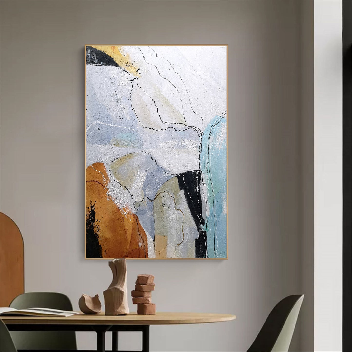 Contemporary Abstract Oil Painting with Geometric Shapes and Vibrant Colors