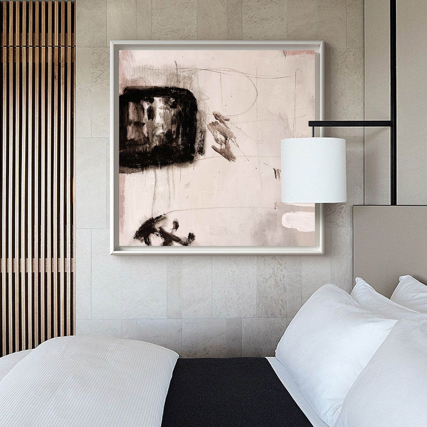 Contemporary Abstract Oil Painting with Bold Black and Soft Pink Accents