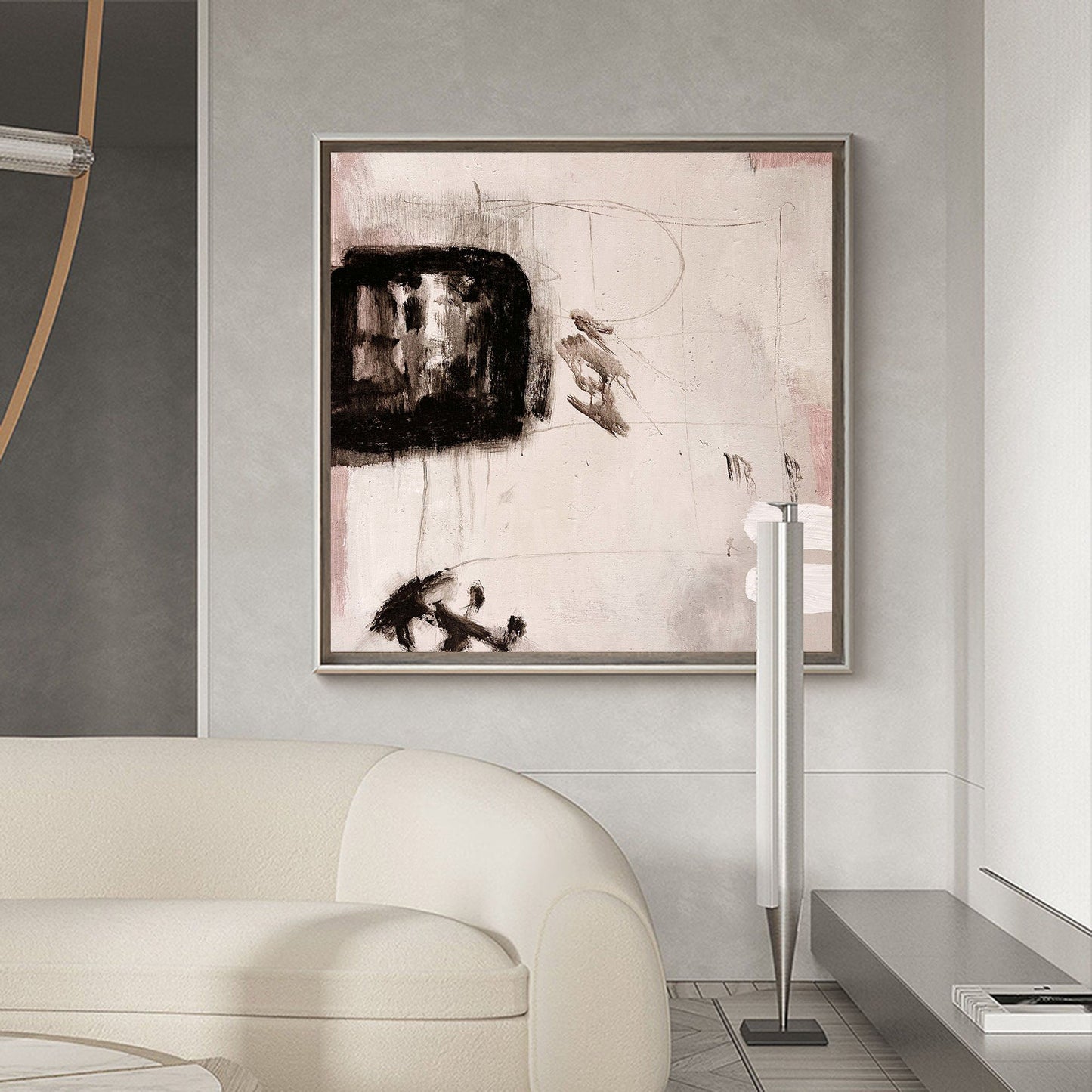 Contemporary Abstract Oil Painting with Bold Black and Soft Pink Accents