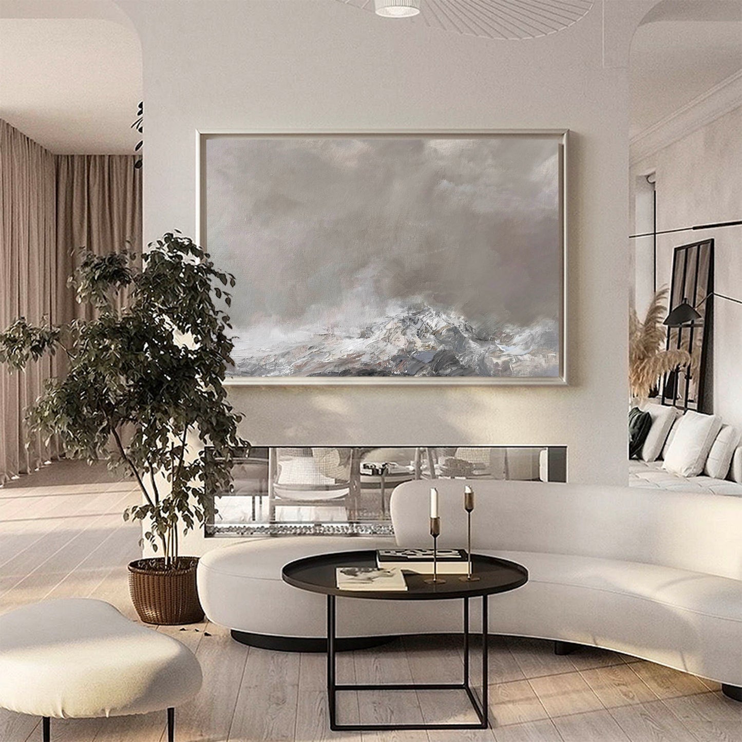 Contemporary Grey Abstract Landscape Oil Painting for Modern Home Decor