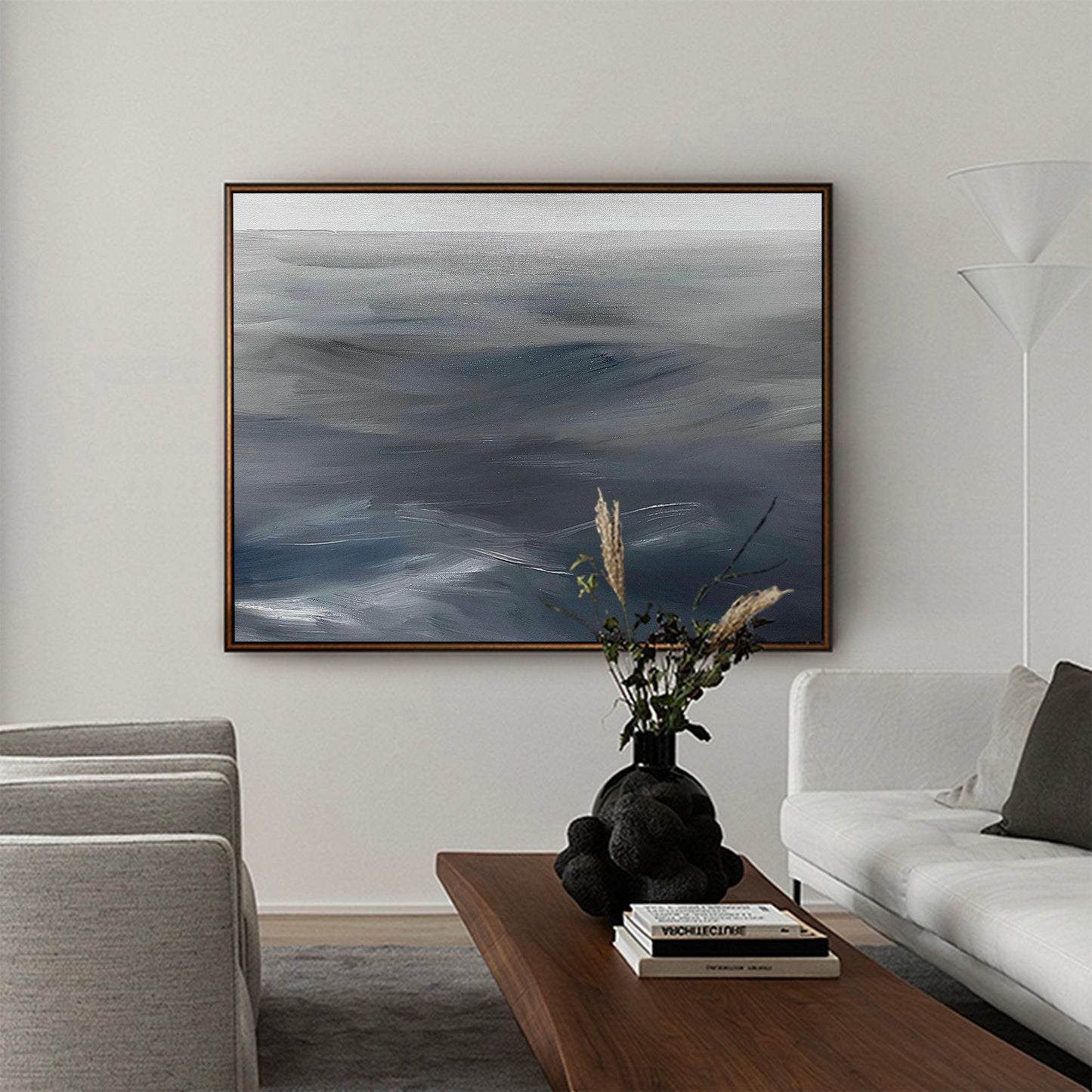 Dynamic Gray Waves - Contemporary Abstract Oil Painting for Modern Home Decor