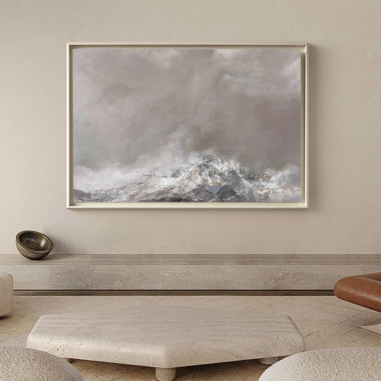 Contemporary Grey Abstract Landscape Oil Painting for Modern Home Decor
