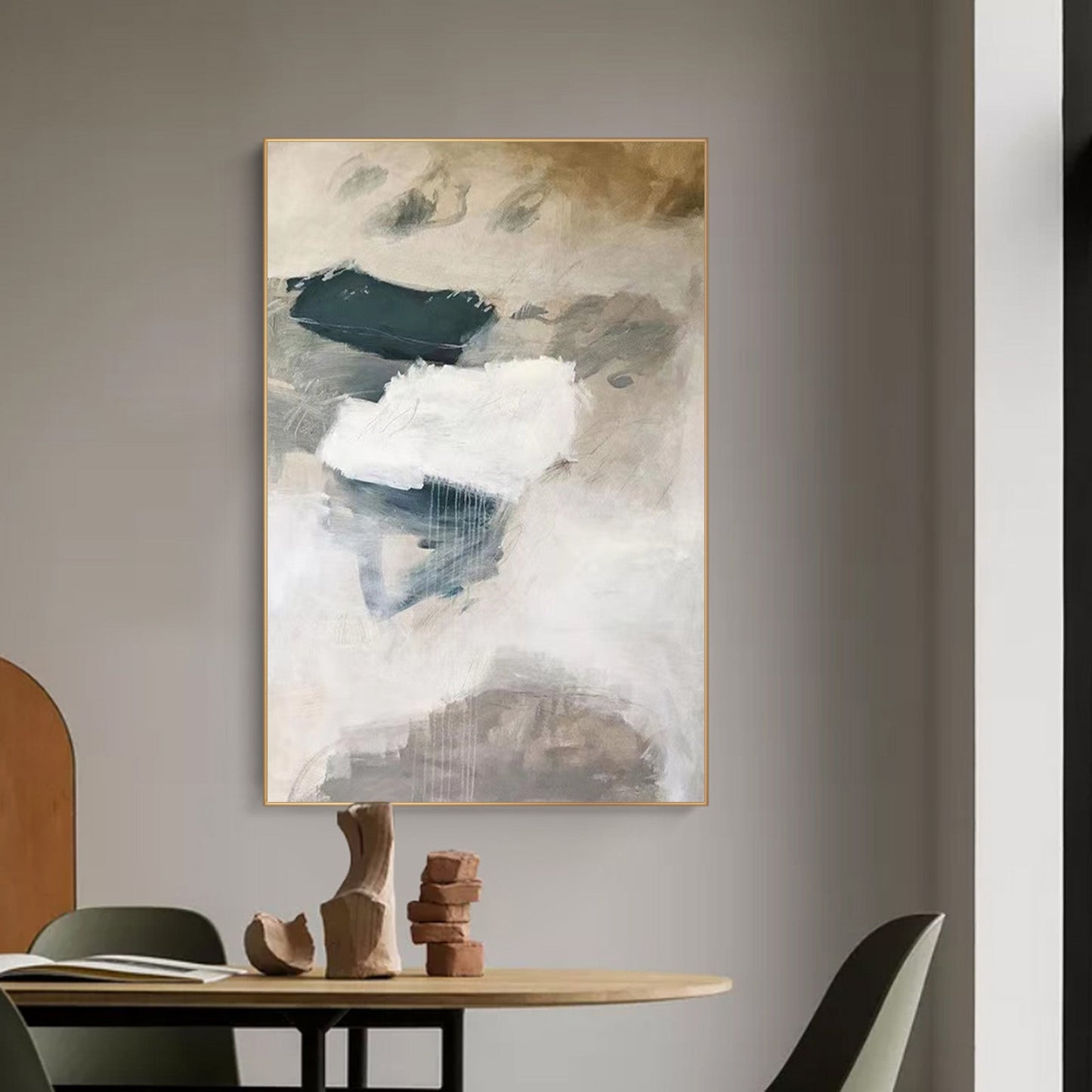 Contemporary Minimalist Oil Painting with Neutral Tones and Abstract Forms