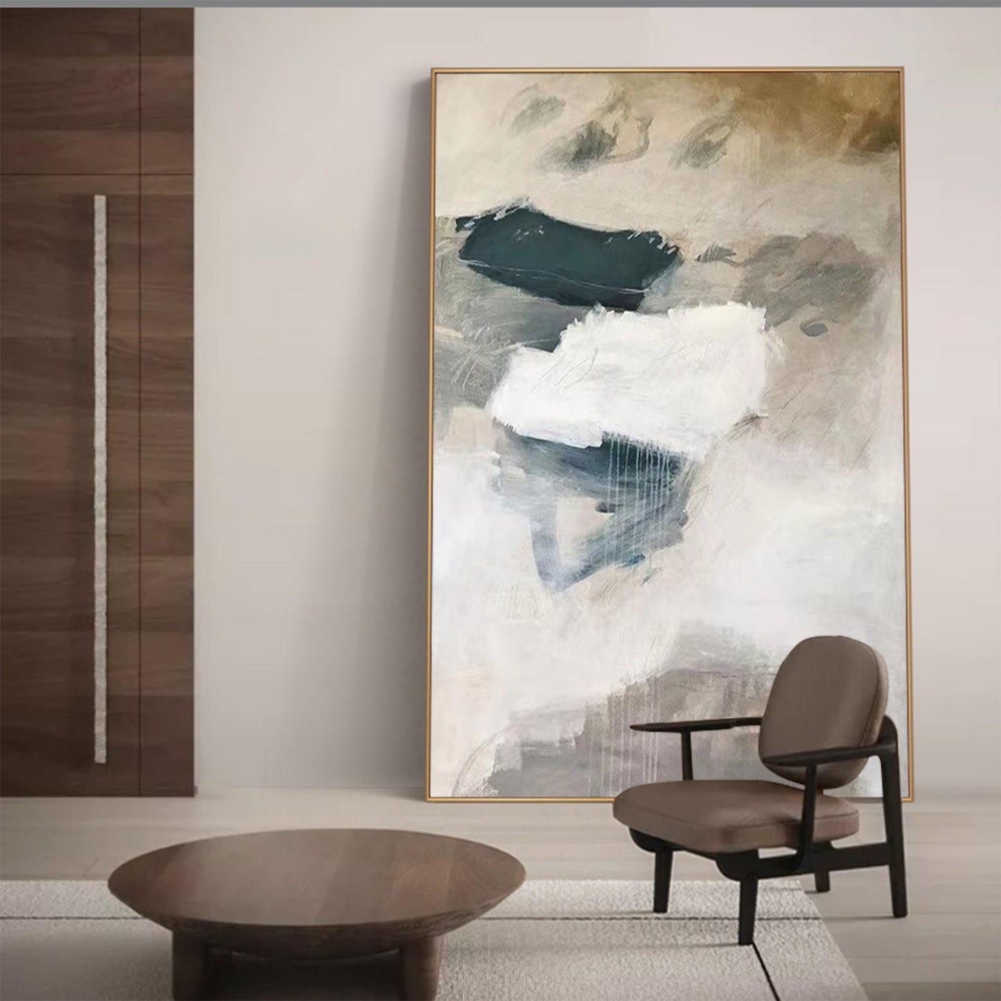 Contemporary Minimalist Oil Painting with Neutral Tones and Abstract Forms