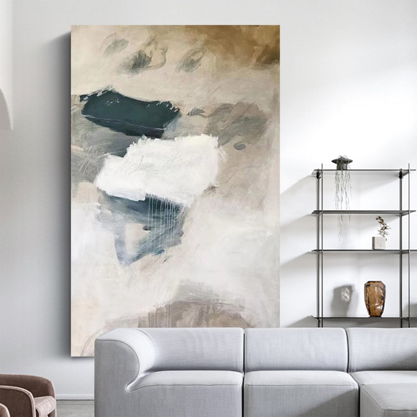 Contemporary Minimalist Oil Painting with Neutral Tones and Abstract Forms