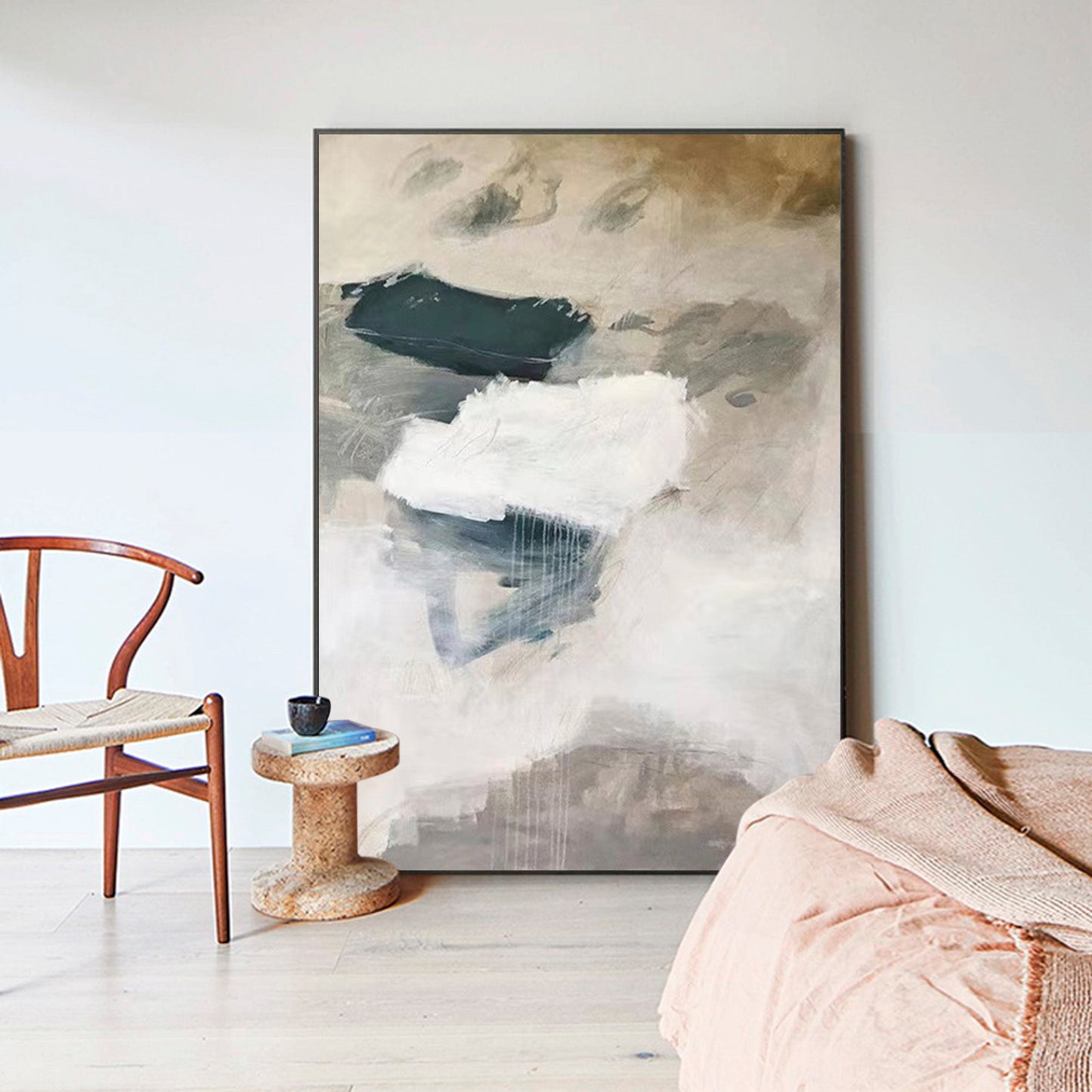 Contemporary Minimalist Oil Painting with Neutral Tones and Abstract Forms