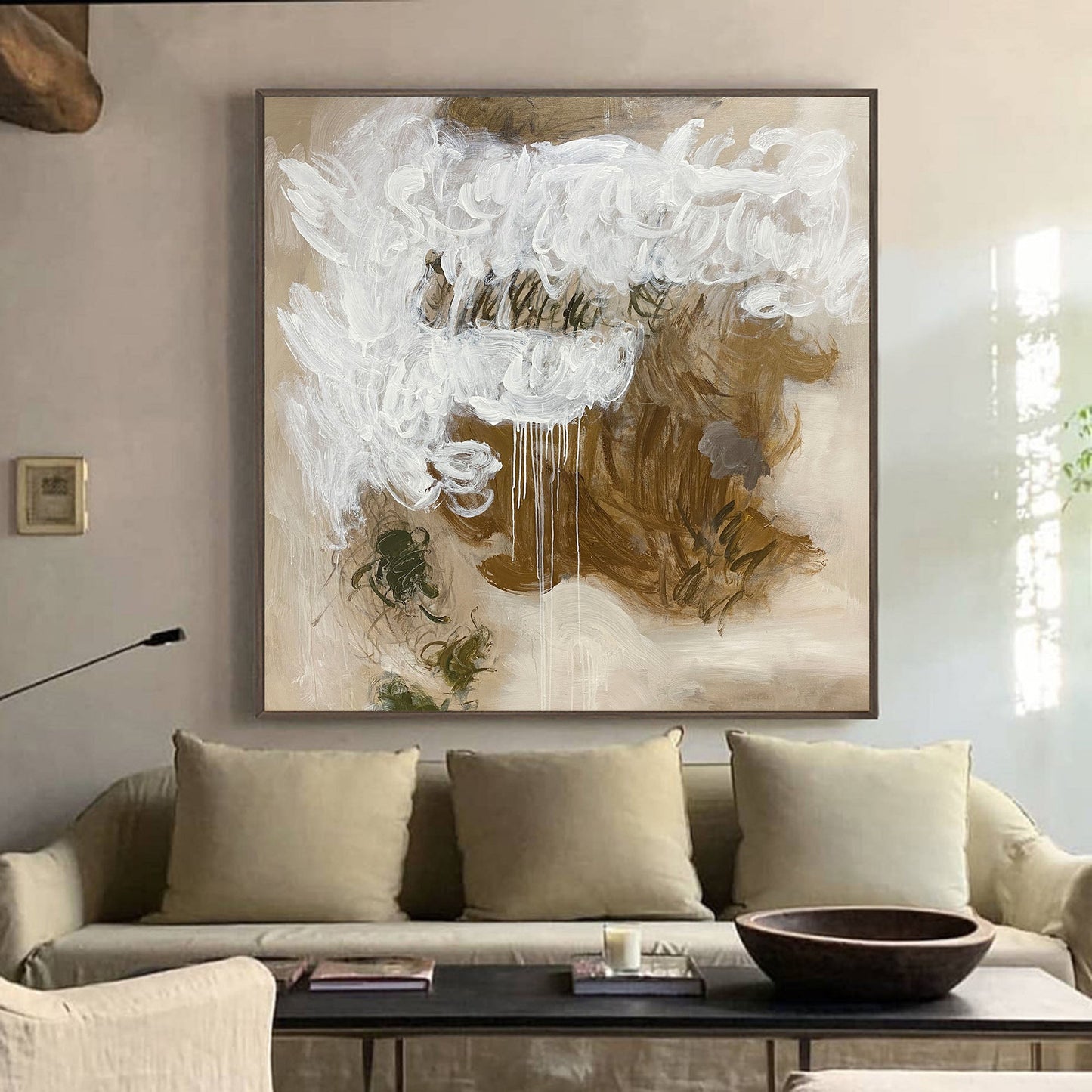 Contemporary Abstract Oil Painting with Textured White and Earth Tones