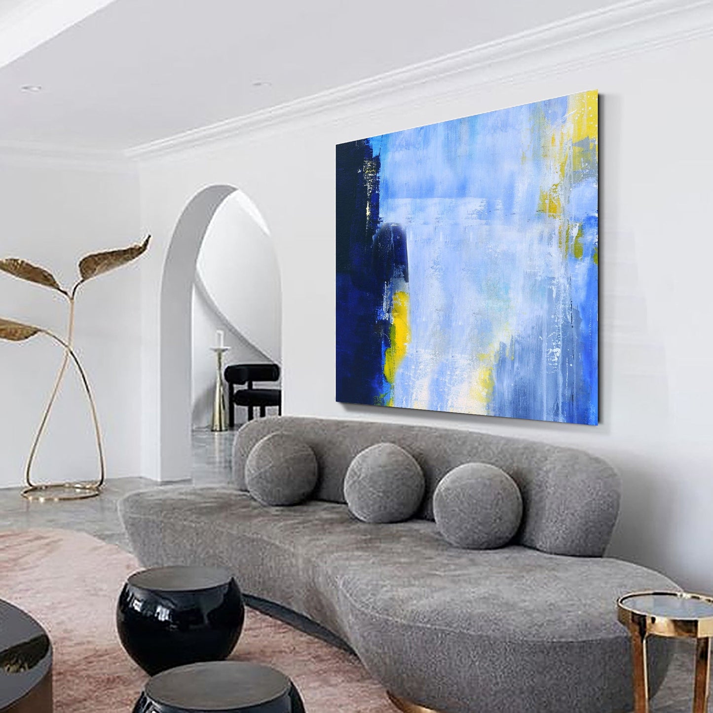 Captivating Blue and Yellow Abstract Oil Painting for Modern Home Decor