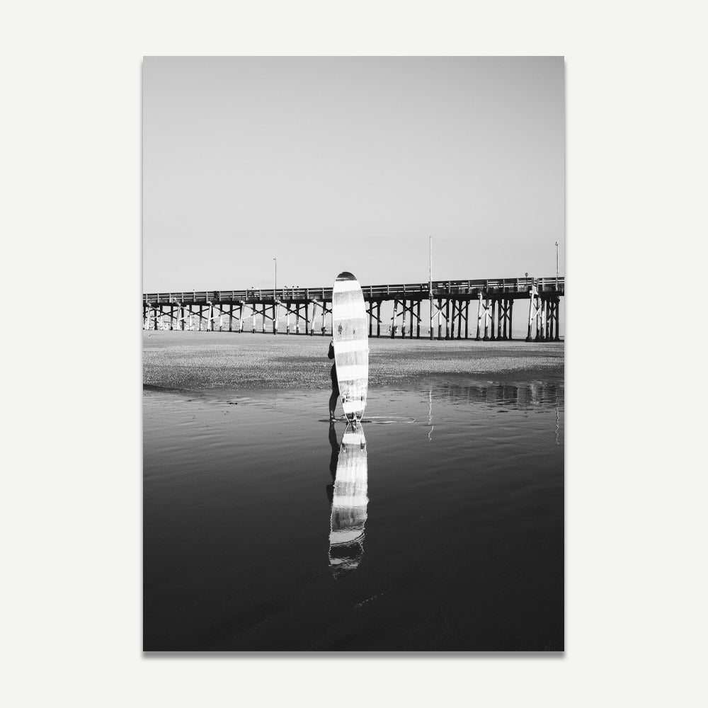 Black and White Longboard Surfer Reflection at Ocean Pier Sunset