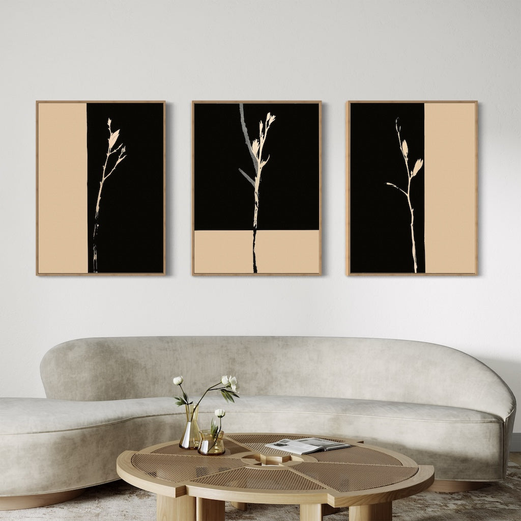 Elegant Black and Gold Floral Triptych Oil Painting for Modern Home Decor