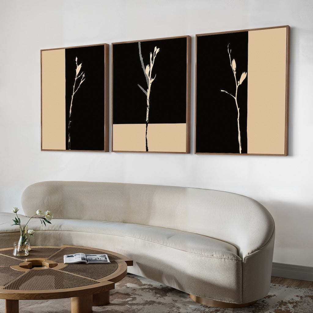 Elegant Black and Gold Floral Triptych Oil Painting for Modern Home Decor