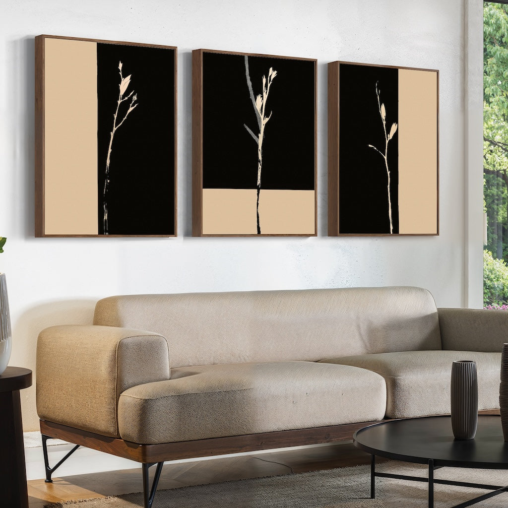 Elegant Black and Gold Floral Triptych Oil Painting for Modern Home Decor