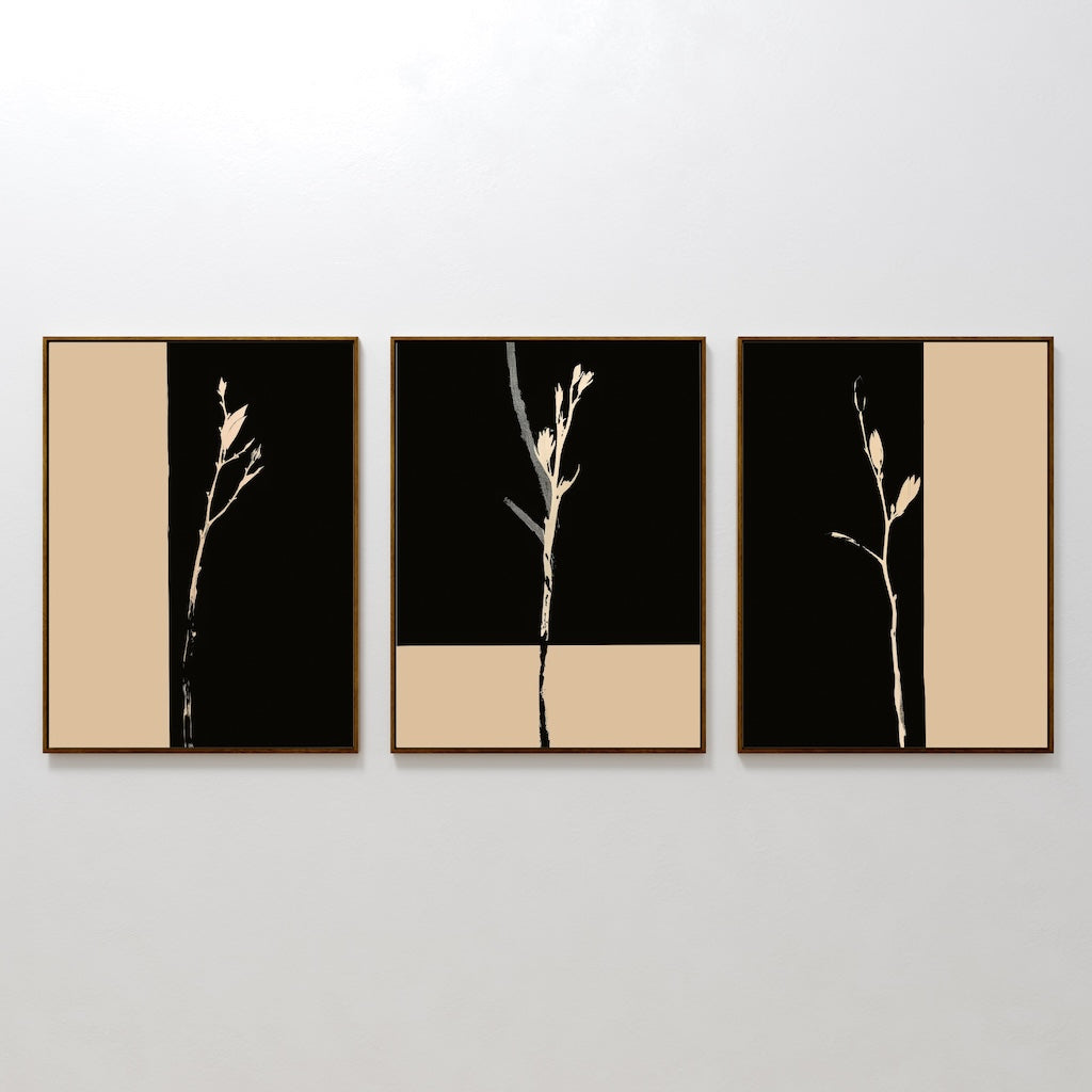 Elegant Black and Gold Floral Triptych Oil Painting for Modern Home Decor