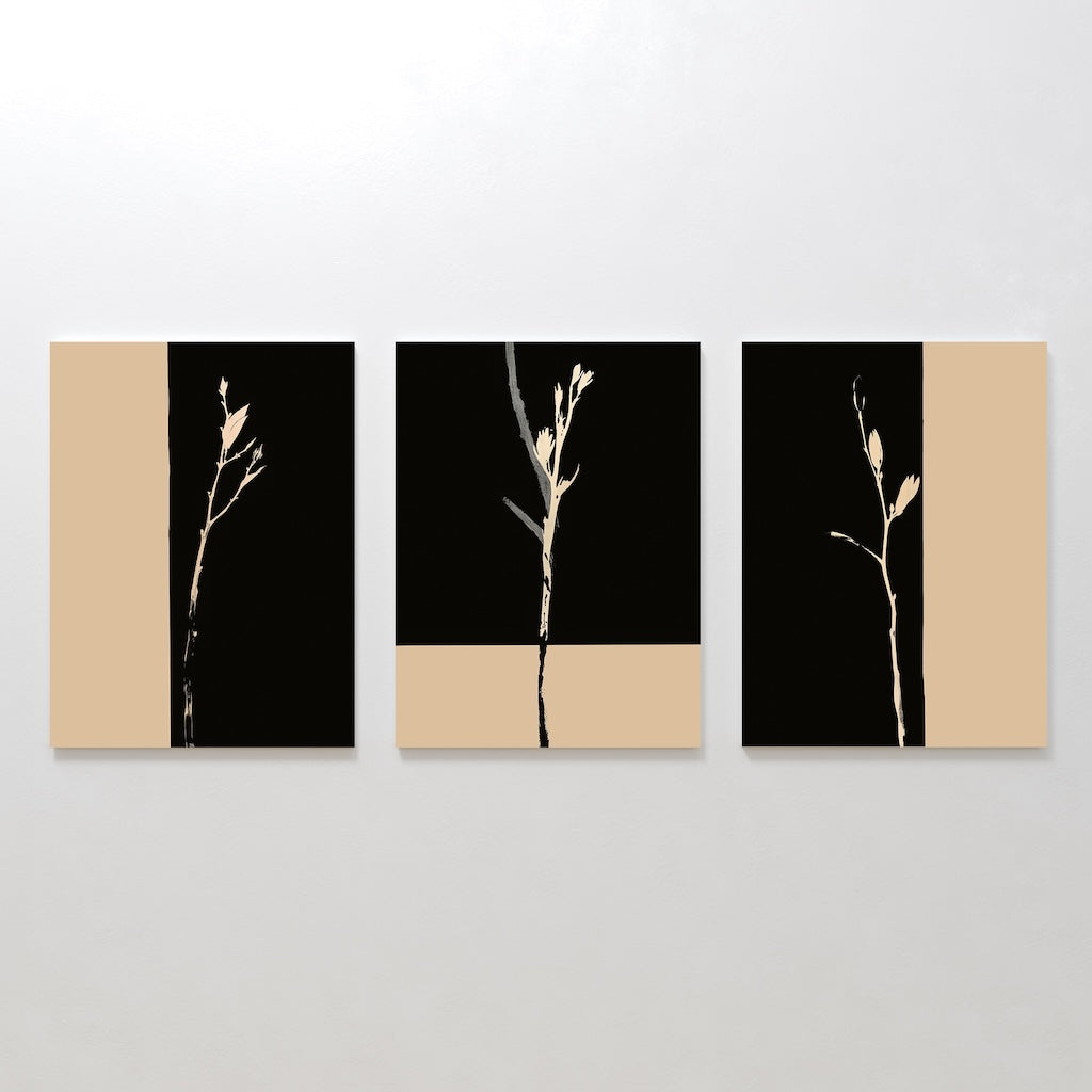 Elegant Black and Gold Floral Triptych Oil Painting for Modern Home Decor